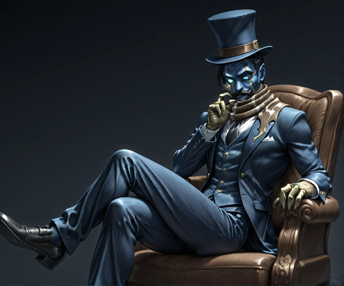 <lora:Raziel_Illustrious:1>raziel, solo, mask, scarf, crossed legs, sitting, monocle, top hat, moustache, gentleman, wearing a suit, tie