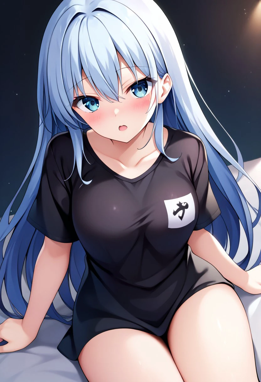 score_9, score_8, score_7, source_anime, naked black shirt, 1girl, solo, short sleeves, blush, looking at viewer, collarbone, open mouth, thighs, long hair, hair between eyes