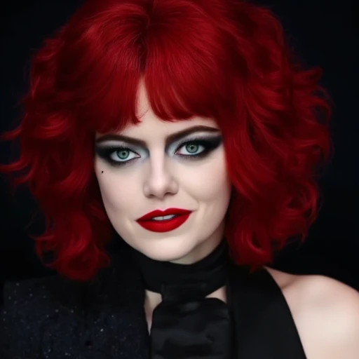 with a subtle sheen indicating a satin or silk material., dramatic eye makeup with heavy eyeliner and mascara, dark eyeliner and bold red lipstick., edgy appearance. She has a small beauty mark on her right cheek., Cruella de Vil. The image is a photograph of a woman with a fair complexion and striking red hair styled in loose, dramatic scene of a performer dressed in a fantastical, accentuating her green eyes, asymmetrical hairstyle. She has voluminous