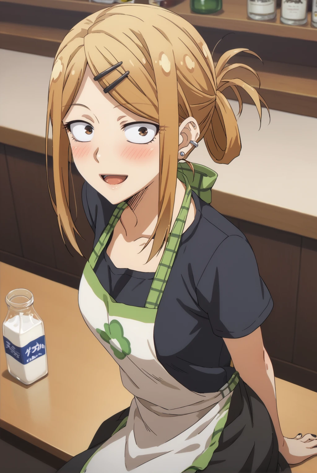 score_9, score_8_up, score_7_up, 1girl, endou saya, long hair, blonde hair, hair ornament, folded ponytail, sidelocks, jewelry, brown eyes, earrings, multicolored apron, pattern apron, black shirt, hairclip, ear piercing, sanpaku, arms behind back, smile, open mouth, skirt, sitting, from side, reaching, black nails, blush, table, milk, bottle, from above, looking at viewer, indoors, bar, Dagashi Kashi artstyle