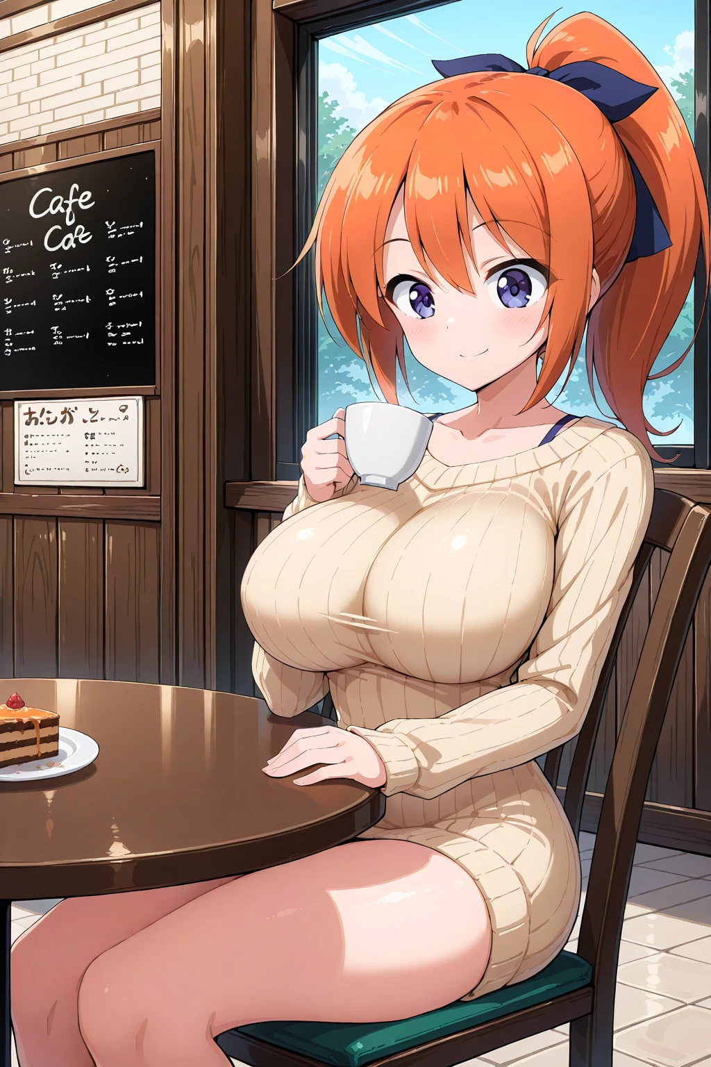 <lora:Moralgear Illustrious:0.6>,  1girl, solo, sweater dress, cafe, sitting, large breasts, smile, holding cup, ponytail, orange hair, table, chair