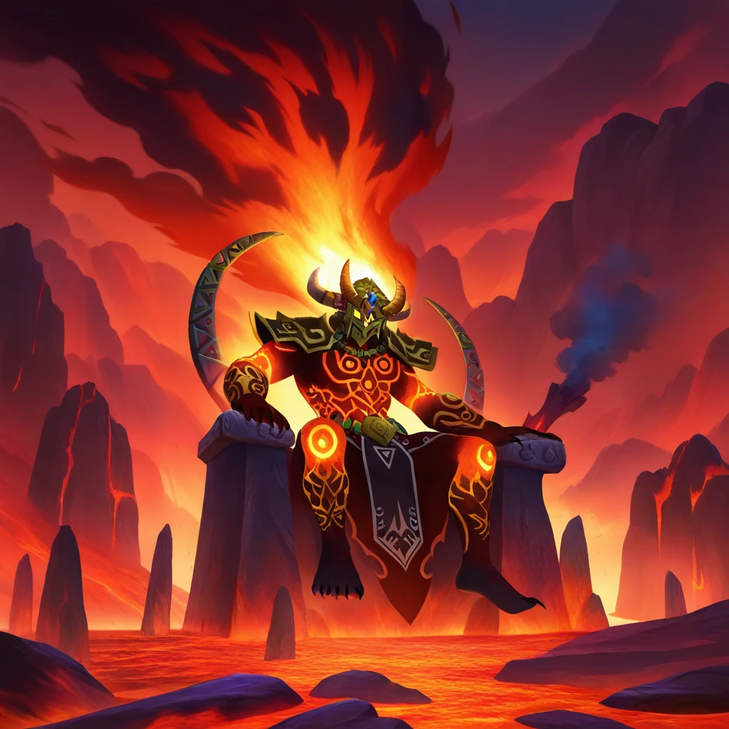 Legend of Zelda style   <lora:Efreeti - illustrious:1> efrx, efreet, towering flame-covered humanoid, molten lava skin glowing with fiery cracks, seated on a throne of black obsidian and molten rock, volcanic chamber, fiery red and orange ambient lighting, smoke and embers in the air, dynamic low-angle shot, intense heat distortion, cinematic fantasy setting . Vibrant, fantasy, detailed, epic, heroic, reminiscent of The Legend of Zelda series