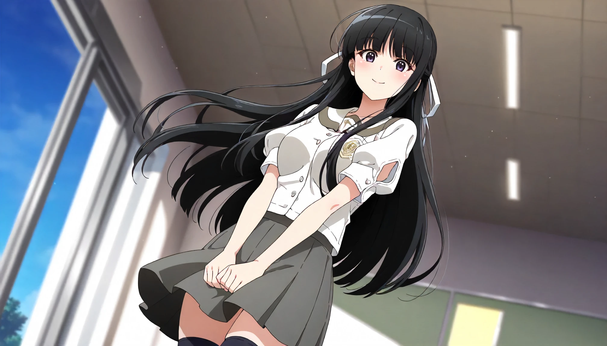 <lora:YnS_Migiwa_KazuhaXLIllustrious001>,
masterpiece,best quality,good quality,newest,
detailed background,glitter,
smile,
looking at viewer,
solo,
Migiwa_Kazuha\(Yosuga no Sora\),anime coloring,1girl,black hair,long hair,hair ribbon,purple eyes,black eyes,
school_uniform,puffy_sleeves,short_sleeves,
pleated_skirt,gray skirt,
black_thighhighs,
standing,cowboy shot,