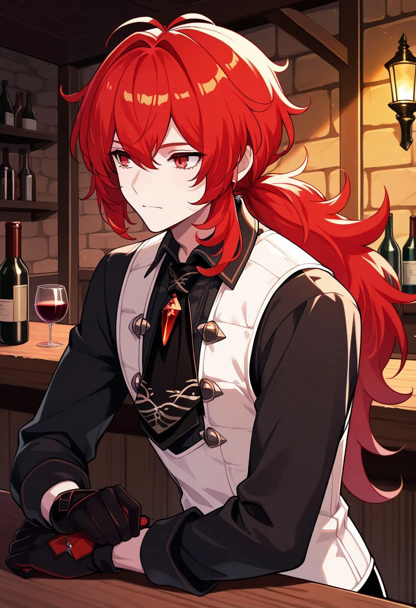 masterpiece, best quality, 
diluc, 1boy, male focus, solo, red eyes, red hair, long hair, low ponytail, bangs, hair between eyes, antenna hair, shirt, black shirt, collared shirt, necktie, black necktie, vest, white vest, gloves, black gloves
indoor, tavern, bottles, wine,