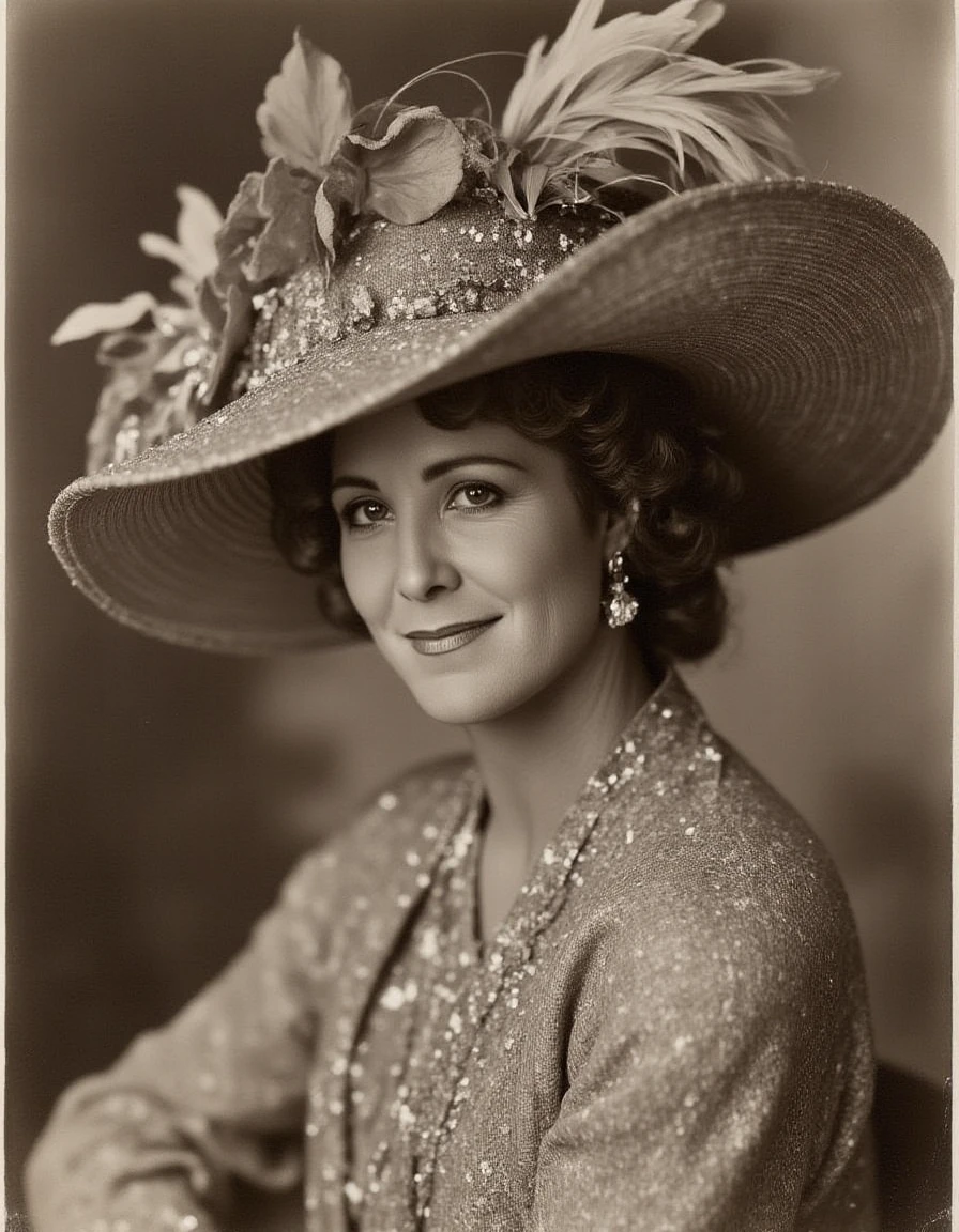 <lora:joanna-kerns-flux:1.2> daguerreotype festive portrait wearing a large fancy ornate hat with feathers and leaves