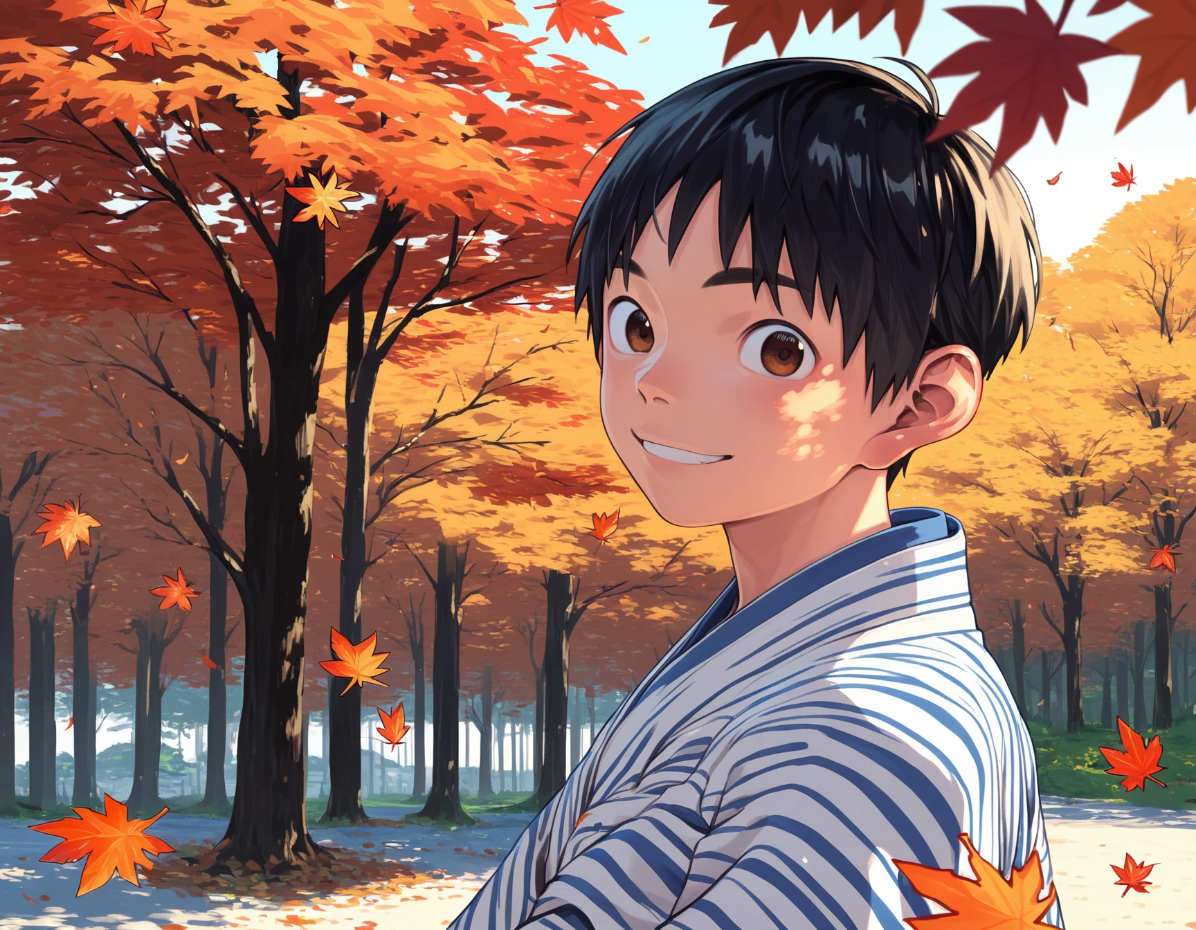 score_9, score_8_up, score_7_up, score_6_up, source_anime, 2020s, outdoors, autumn, trees, autumn leaves, from side, upper body, 1boy, solo, black hair, brown eyes, beautiful eyes, japanese clothes, yukata, smile, looking at viewer <lora:shounen_zoom-amxl-v7Pe-ShoAI:1>