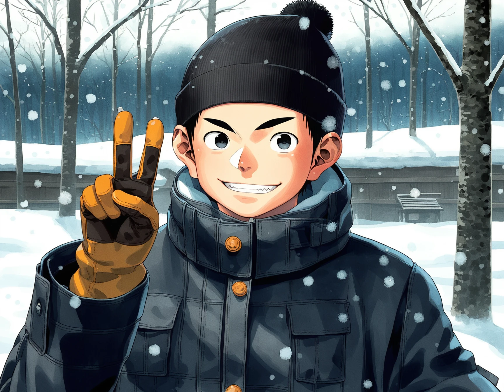 score_7, score_7_up, score_6_up, source_anime, 2010s, source_watercolor, textured paper, outdoors, forest, winter, snowing, trees, fisheye, foreshortening, upper body, 1boy, solo, black hair, black eyes, beanie, snow jacket, pants, gloves, looking up at viewer, smirk, peace sign <lora:shounen_zoom-amxl-v7Pe-ShoAI:1>