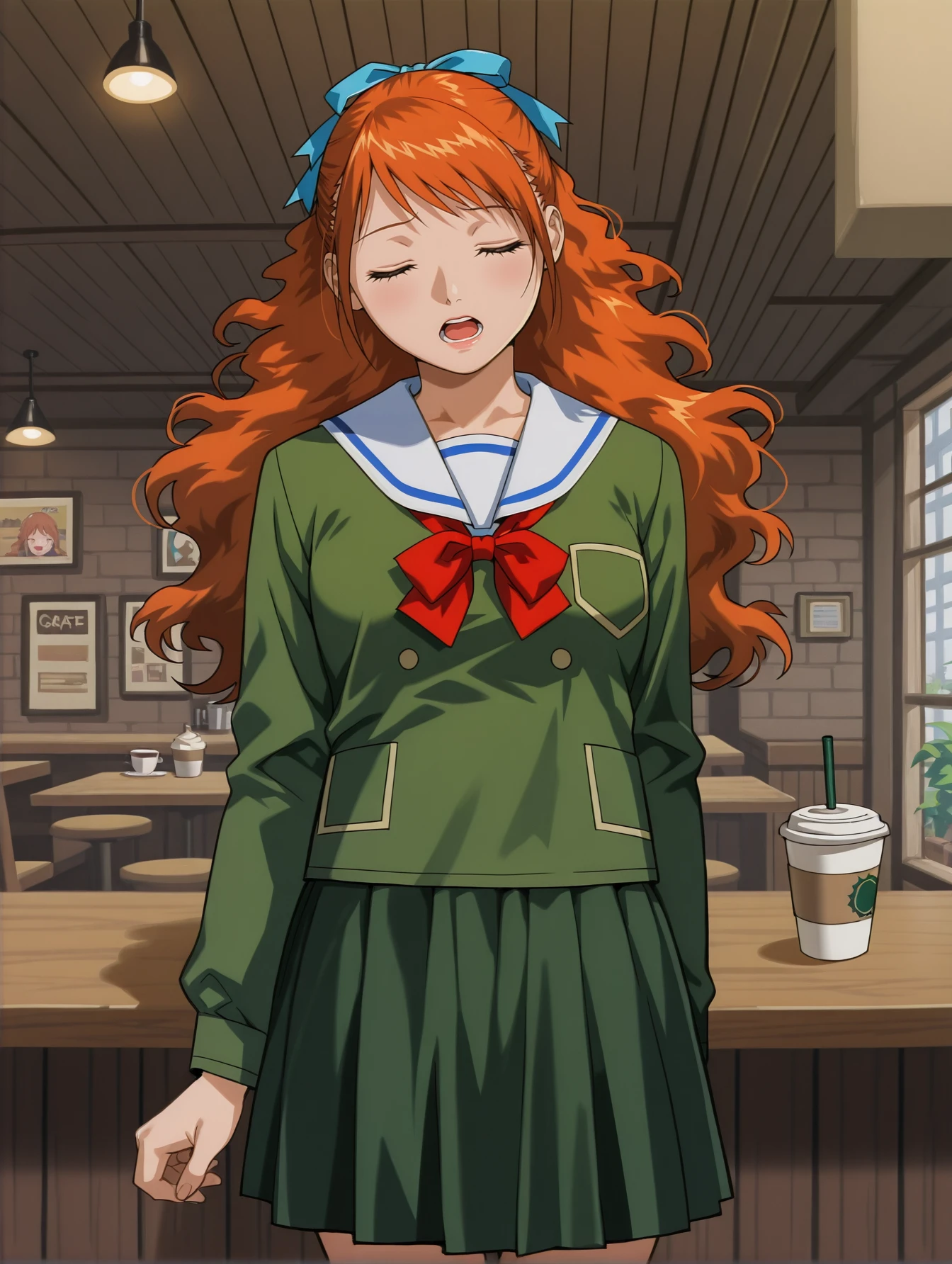 <lora:mikura-momomi-v4-illustrious-000009:0.9> imo0m1, long hair, hair ribbon, serafuku, green shirt, skirt, 1girl, solo, closed eyes, open mouth, boba, cafe, masterpiece, best quality