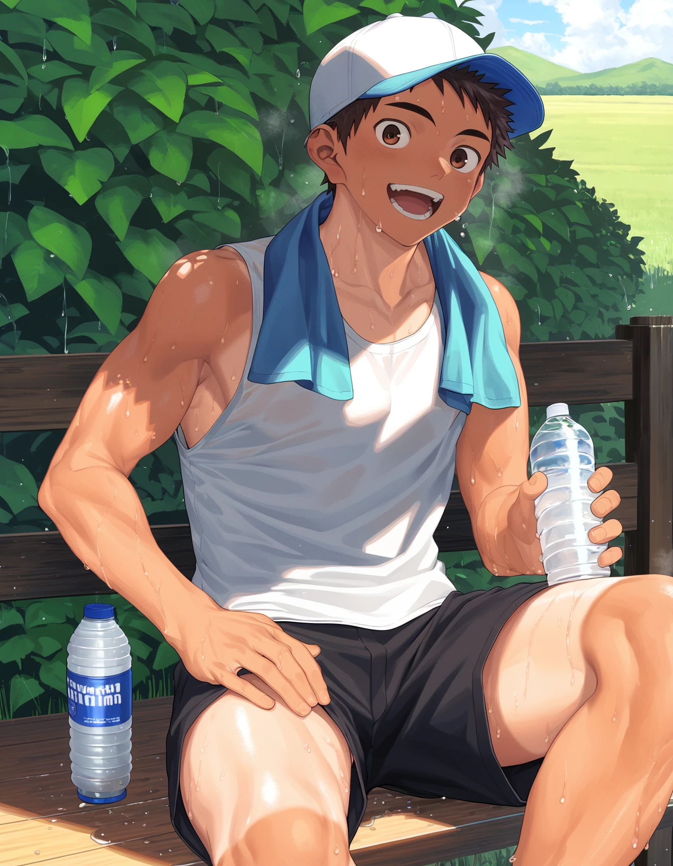 score_8, score_8_up, score_7_up, score_6_up, source_anime, 2015s, outdoors, farm, field, shade, 1boy, solo, toned, tan, brown hair, brown eyes, tank top, black shorts, sitting, towel around neck, baseball cap, holding water bottle, looking at viewer, open mouth, smile, sweat <lora:shounen_zoom-amxl-v7Pe-ShoAI:0.75> <lora:nayoshi-amxl-v5f-ShoAI:0.6>