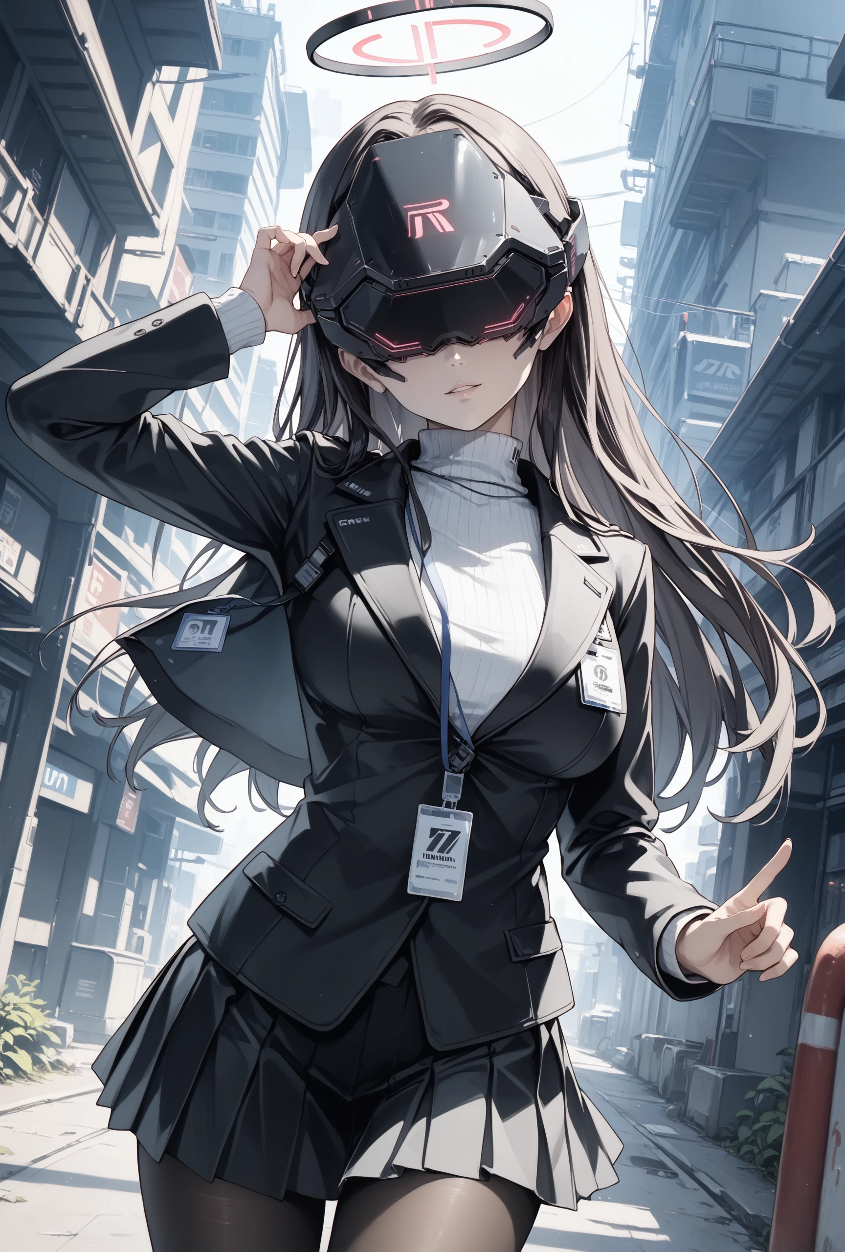 score_9, score_8_up, score_7_up, 1girl, posing, rioba,science fiction, stdt0001, (helmet), vr headset, covered eyes, (black hair:0.7), black jacket, white turtleneck, black skirt, halo, dutch angle, cowboy shot, parted lips, head tilt, id card, black skirt, pantyhose <lora:visormask_spda-000004:1.0> <lora:Hoseki_BlueArchive_Rio_PDXL_v1:0.7>