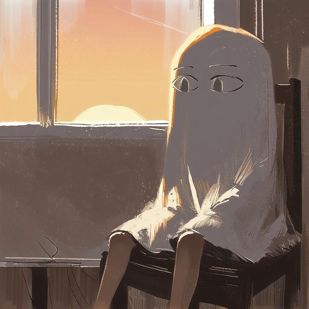 score_9, score_8_up, score_7_up, 
source_anime, Medjed, solo, sitting, indoors, comfy, easy chair, twilight, window, looking out window, sunset,