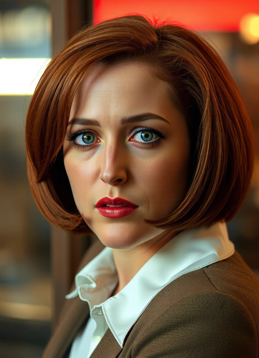 Portrait of agentscully, 30 year old woman, red hair, cinematic, short red hair, bob cut hairstyle,