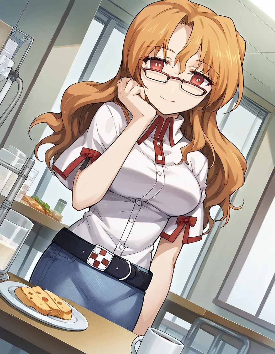 score_9, score_8_up, score_7_up, source_anime, <lora:moeka-kiryu-ingame-ponyxl-lora-nochekaiser:1>, moeka kiryu, long hair, brown hair, red eyes, glasses, large breasts,, skirt, shirt, belt, short sleeves, denim skirt,, infirmary, bed, medical supplies, nurse, first aid, , <lora:pov-across-table-ponyxl-lora-nochekaiser:1> pov across table, pov dating, restaurant, table, meal, care, cup, head rest, smile, elbow on table, food, elbow rest,, looking at viewer, solo,, dutch angle, cowboy shot