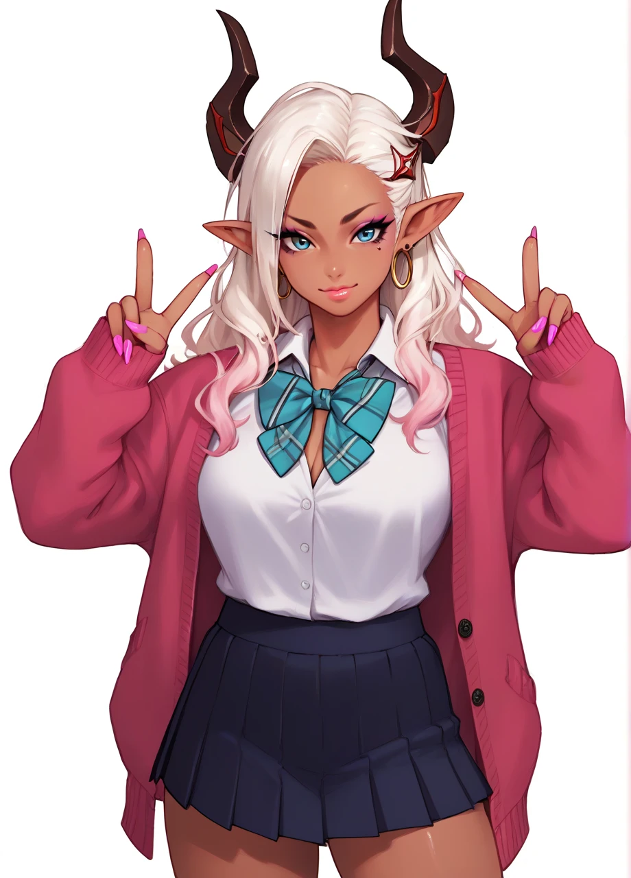 1girl, solo, cowboy shot, white background, race_castanic, dark skin, gyaru, white hair, horns, makeup, double v, cardigan, bowtie, pleted skirt, pointy ears <lora:Race_Castanic-PONY:0.8>, score_8_up, score_7_up, score_6_up, score_5_up, score_4_up,