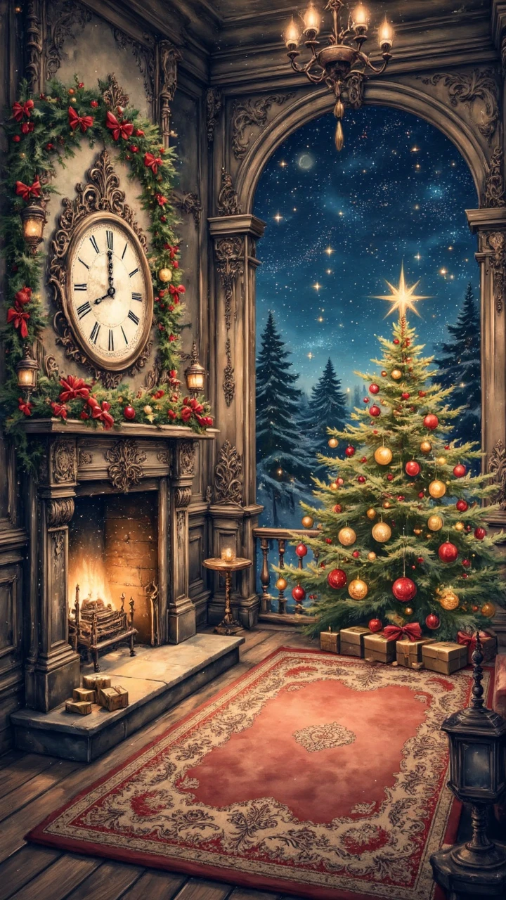 Anime, a vibrant array of colors and shapes fills the screen, with twinkling lights and glittering ornaments decorating the walls. The scene is set in an elegantly decorated room, with a cozy fireplace and festive decorations scattered around. A small Christmas tree stands tall, its branches reaching towards the sky. The air is filled with the sweet scent of pine needles and freshly baked cookies. 90's anime style, aidmavintagechristmaspaper