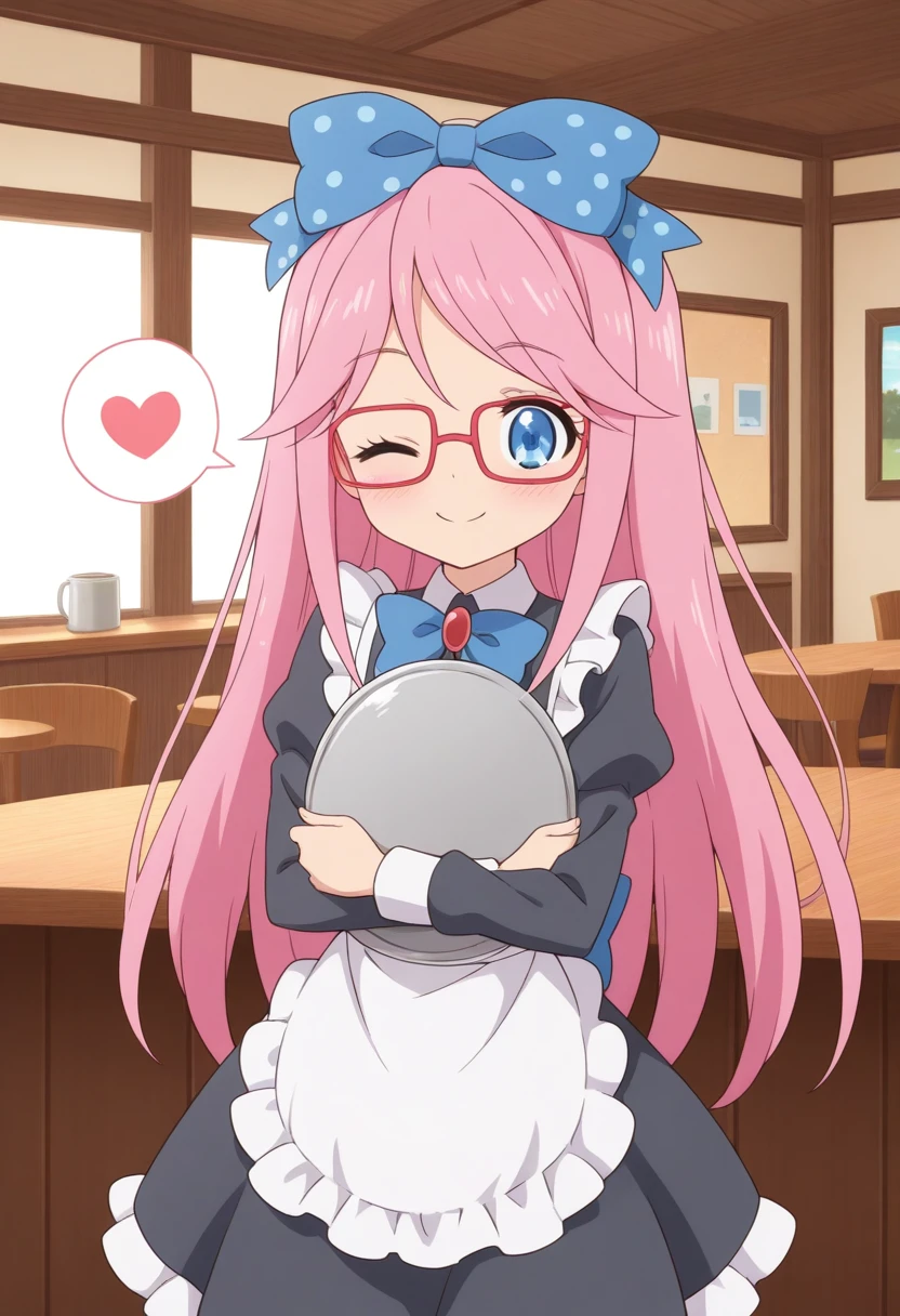 best quality, masterpiece, BREAK humanluna, 1girl, solo, red-framed eyewear, long hair, blue eyes, pink hair, cafe, tray, maid headdress, maid outfit, one eye closed, spoken heart, polka dot bow, happy