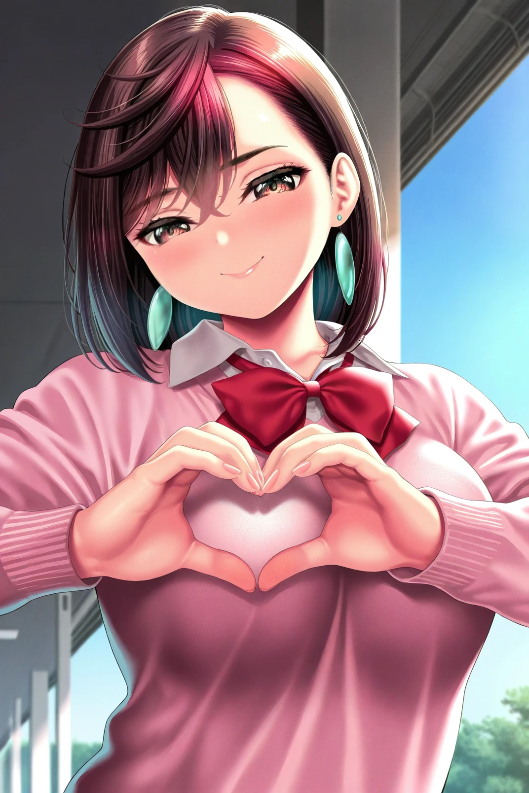 masterpiece, best quality,  absurdres, highres, cinematic light, 1girl <lora:momo_ayase:1>, ayase_wz, medium hair, brown hair, brown eyes, large breasts, chocker, red bowtie, pink sweater, pink cardigan, long sleeves, school uniform, earrings, collared shirt, white shirt, alternate costume, BREAK
soft lighting, looking at viewer, upper body, heart hands, looking at viewer, smile, blue sky, school, moe moe kyun!, kase daiki,