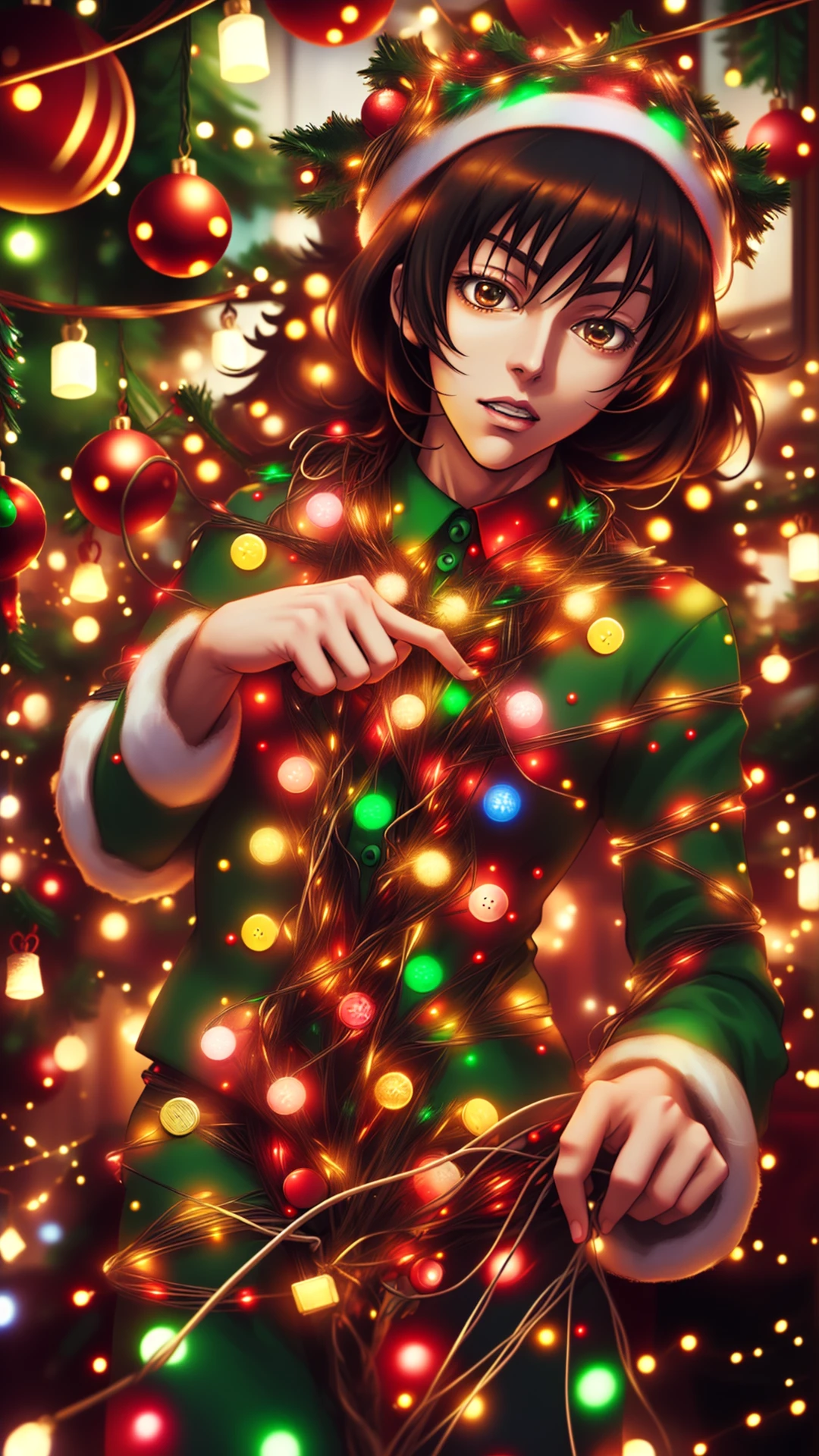 An anime depiction of a ChristmasLightsStyle Button-up. Covered in  christmas lights, tangled wires all wrapped up<lora:ChristmasLightsStyleSD15:0.8>