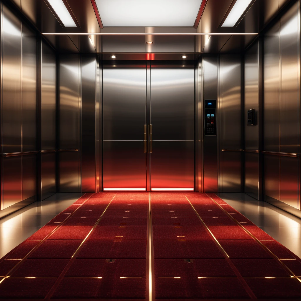 (Simple elevator interior:1.2), Symmetrical composition, Red carpet flooring, (Floor indicator above doors:1.3), Metallic control panel, Polished steel walls, Subtle reflections, (Soft dim lighting:1.2), Shadowed corners, Minimalist details, Subdued ambiance.
<lora:SDXLFaeTastic2400:0.4> <lora:extremely_detailed:0.4> extremely detailed, Masterpiece,best quality,hi res,8k,hi res,8k,award winning,(sharp focus, intricate, highly detailed),