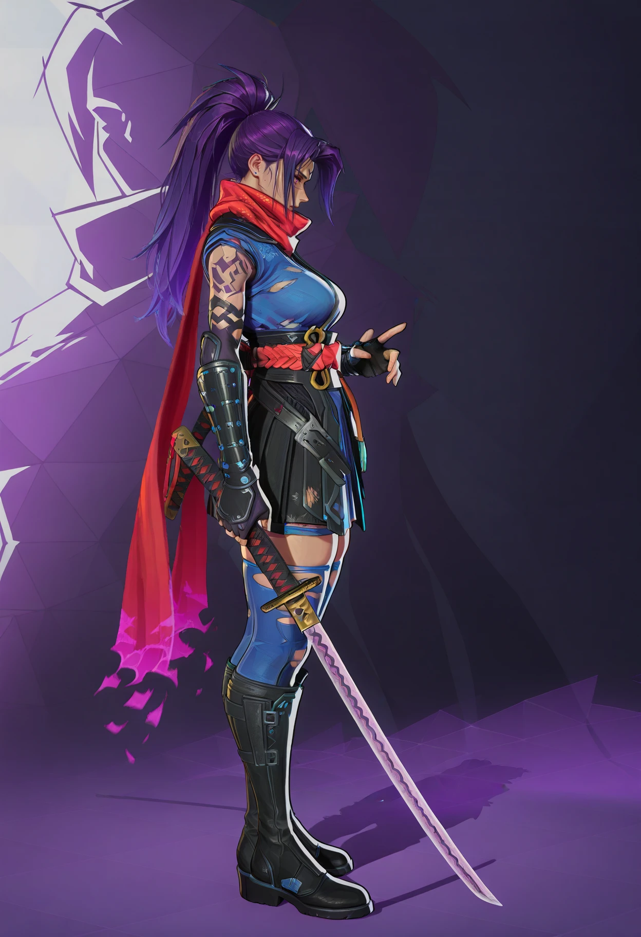 masterpiece, best quality, amazing quality, intricate detail, highly detailed, absurdres, very aesthetic, dynamic lighting, detailed background,
 <lora:MarvelRivals:1> r1vals,
1girl, weapon, solo, sword, scarf, ponytail, red scarf, boots, thighhighs, purple hair, gloves, katana, holding, torn clothes, holding weapon, fingerless gloves, blue thighhighs, black footwear, breasts, standing, long hair, japanese clothes, ninja, armor, medium breasts, knee boots, full body, holding sword, from side, tattoo