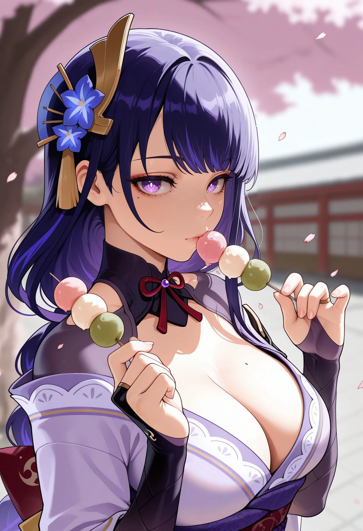 masterpiece,best quality,amazing quality, 8k, high contrast, very aesthetic, absurdres,raiden shogun, 1girl, blurry, blurry background, breasts, bridal gauntlets, cherry blossoms, closed mouth, dango, eating, eyelashes, falling petals, food, gloves, hands up, holding, holding food, japanese clothes, kimono, large breasts, long hair, looking at viewer, low-tied long hair, mole, mole under eye, obi, petals, purple eyes, purple gloves, purple hair, purple kimono, sanshoku dango, sash, solo, tree, upper body, very long hair, wagashi