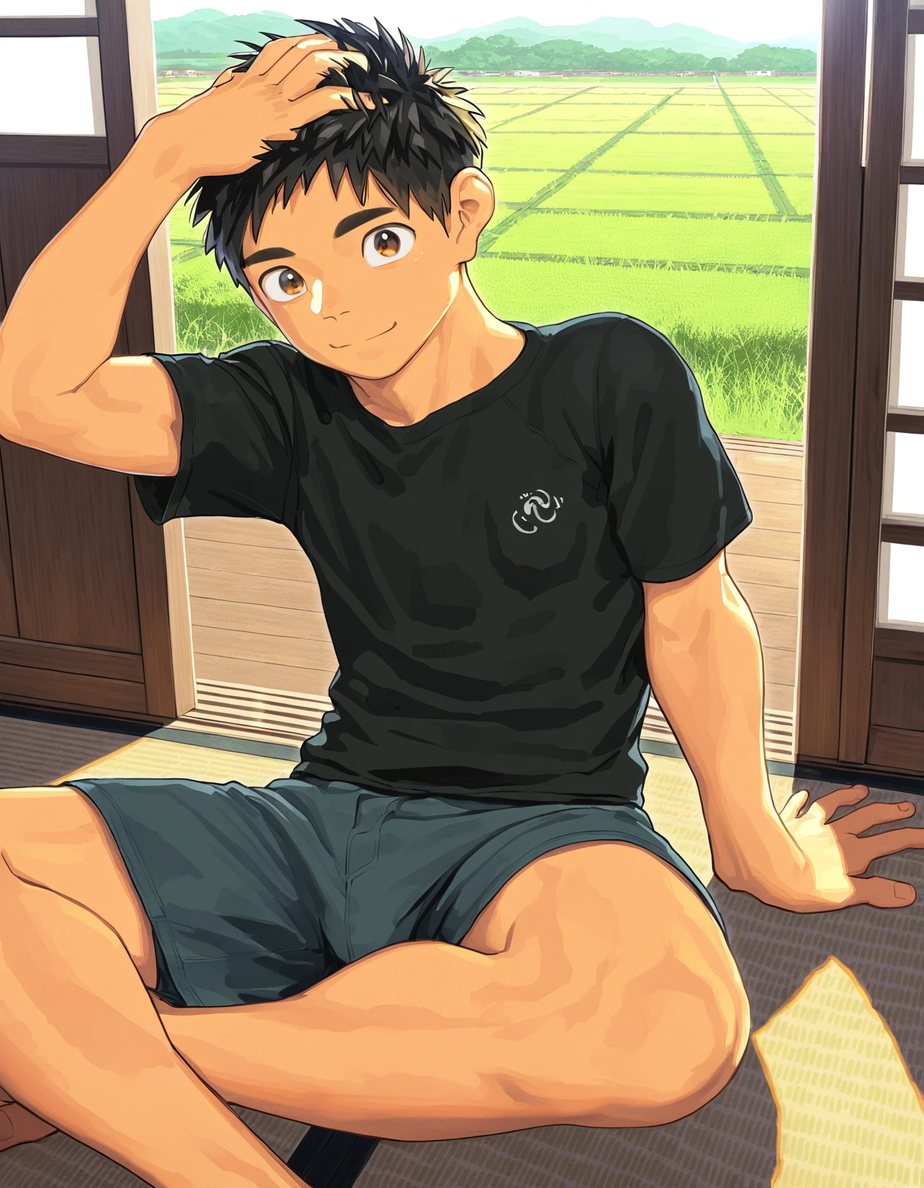 masterpiece, shounenzoom-style, 2020s, indoors, tatami, scenery, rice field, sunlight, 1boy, solo, toned, brown eyes, black hair, solo, looking at viewer, smile, t-shirt, shorts, sitting, on floor, arm support, hand on head <lora:shounen_zoom-naixl-v7Nc-ShoAI:1>