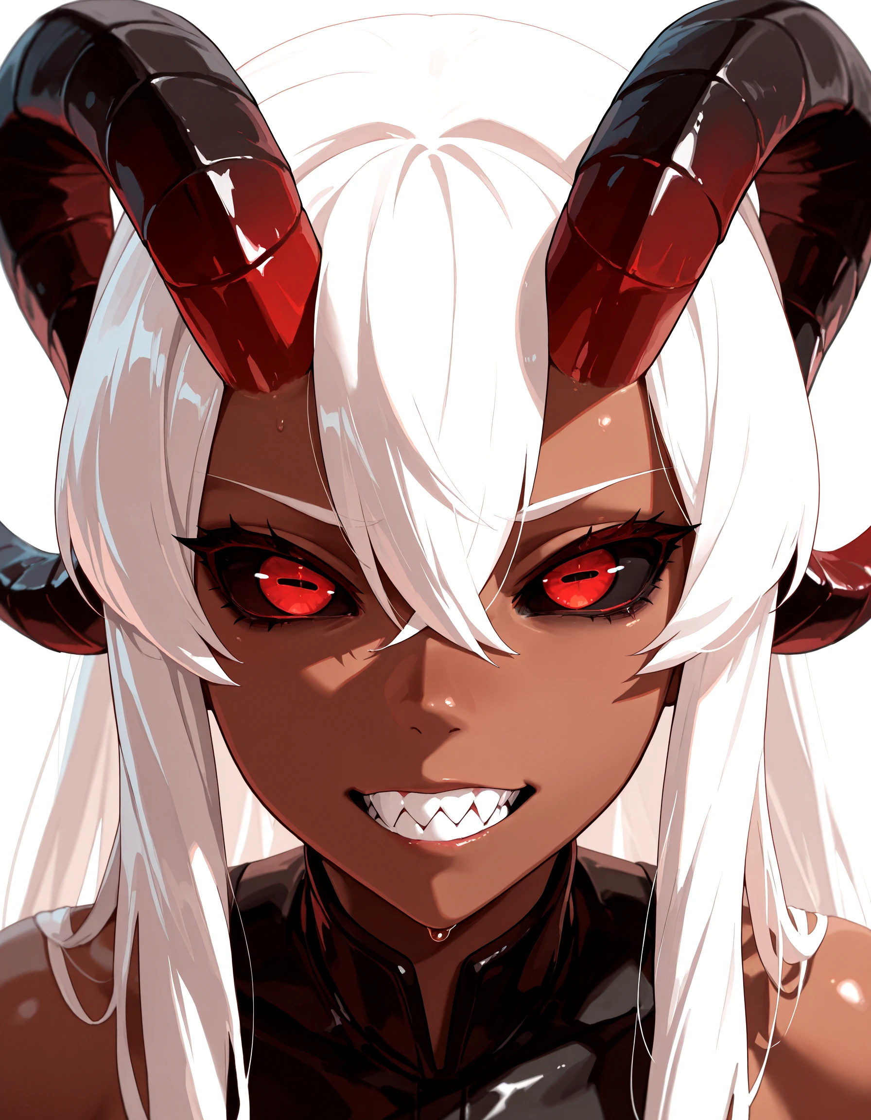 <lora:HorizontalPupilsIllust_epoch_9:0.99>close-up, masterpiece,best quality,absurdres, amazing quality, 1girl, very_long_hair, white_hair, ram_horns, black_sclera, sharp_teeth, dark_skin, red_eyes, horizontal_pupils