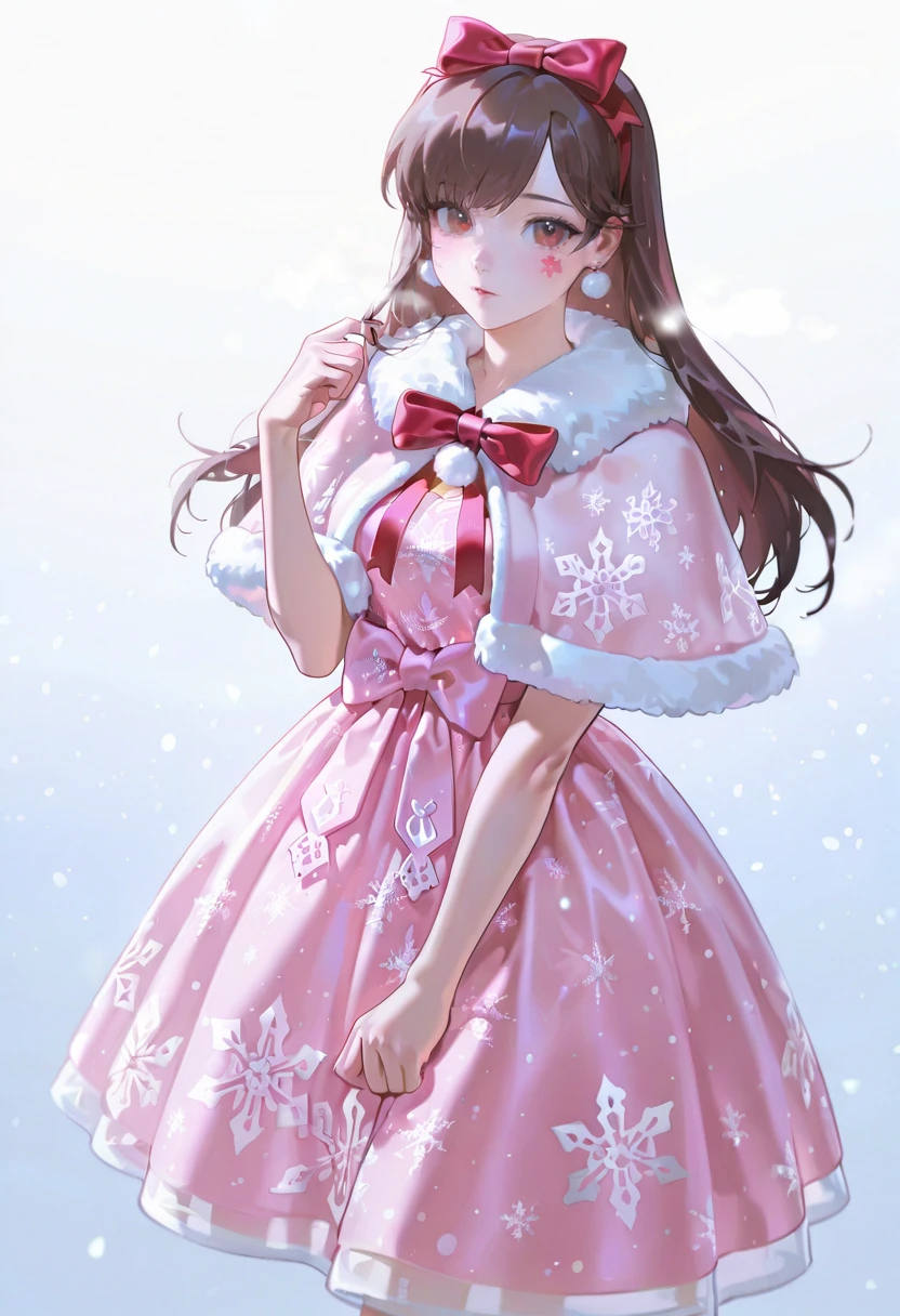 pink smc dress, bow, fur-trimmed capelet,snowflake print,snowing,1girl,solo,konya_karasue,looking at viewer,d.va (overwatch)