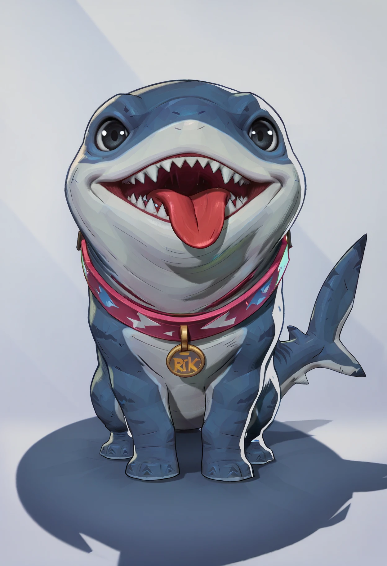 <lora:MarvelRivals:1> r1vals,
r1vals, no humans, tongue, collar, teeth, shark, sharp teeth, tongue out, open mouth, animal focus, solo, tail, full body, animal, black eyes