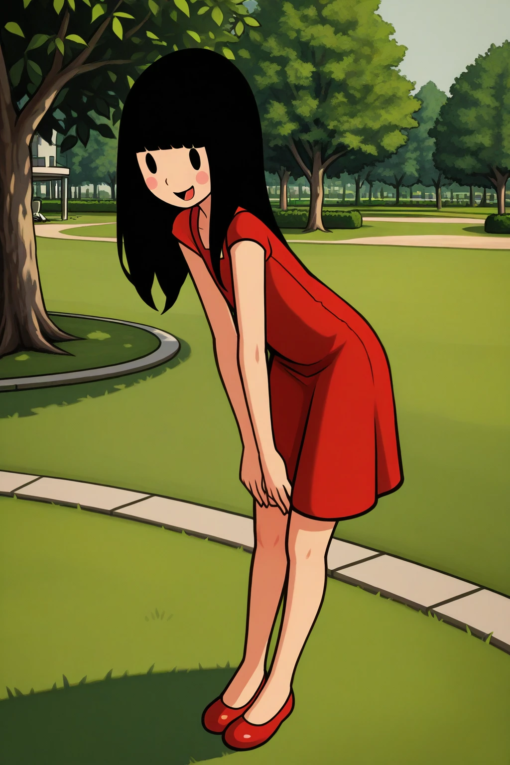 masterpiece, best quality, amazing quality, absurdres, solo, rhythmfevergirl, smile, standing, looking at viewer, open mouth, black hair, red dress, dot eyes, blush stickers, red shoes, outdoors, park, trees, grass