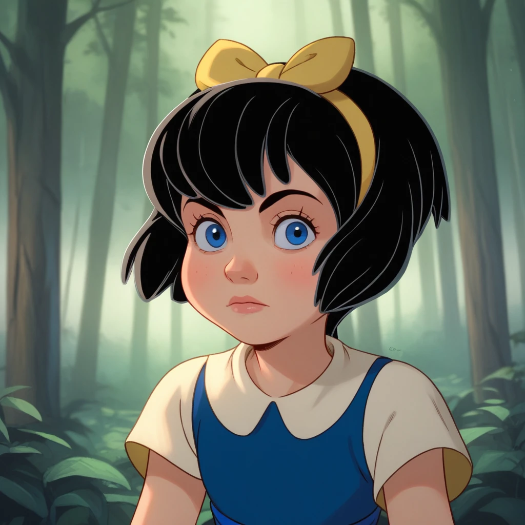 score_9_up, score_8_up, BREAK, Anne-Marie, 1girl, solo, black hair, short hair, blue eyes, hair bow, dress, white sleeves, short sleeves, upper body,  <lora:Anne-Marie_PXL_Leaf1:1>, forest, looking at viewer,