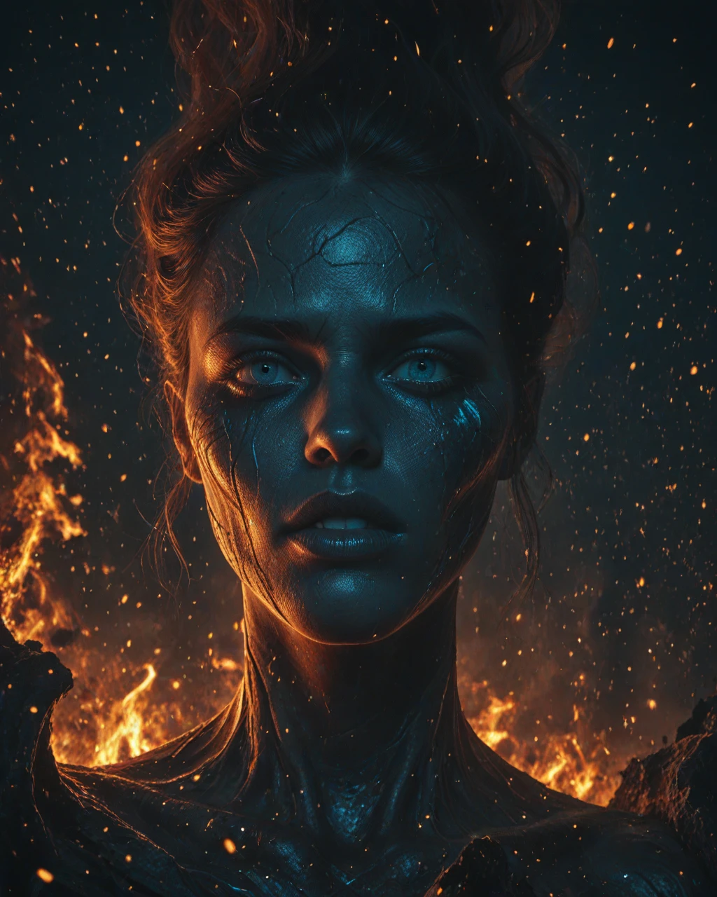 motherly goddess, ethereal face, bright colors, vivid chaos, dark lines, dramatic composition, burning earth, glowing tears, blue tears, environment concept, scorched skin, modern art, particles, 