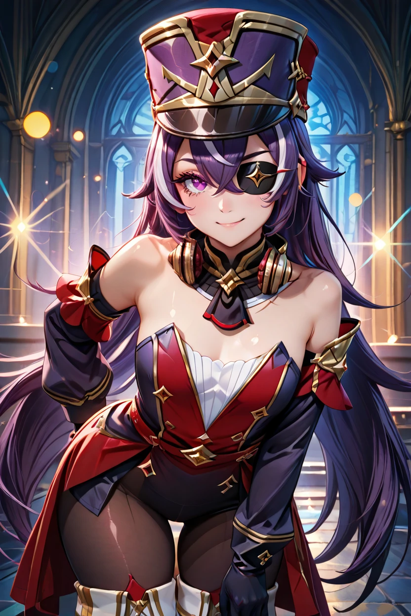 masterpiece, best quality, solo, curvy, beautiful eyes,,<lora:ChevreuseGenshinIXL:1.0>, zzChevreuse, purple eyes, hair between eyes, long hair, multicolored hair, purple hair, streaked hair, white hair, hat, earmuffs, eyepatch, bare shoulders, gold trim, white gloves, gloves, puffy detached sleeves, detached collar, pantyhose, white thigh boots, , cowboy shot, leaning forward, smile, looking at viewer, shiny skin,<lora:RealisticAnimeIXL_v2:1.0>, shiny skin, bokeh, luminescent background,