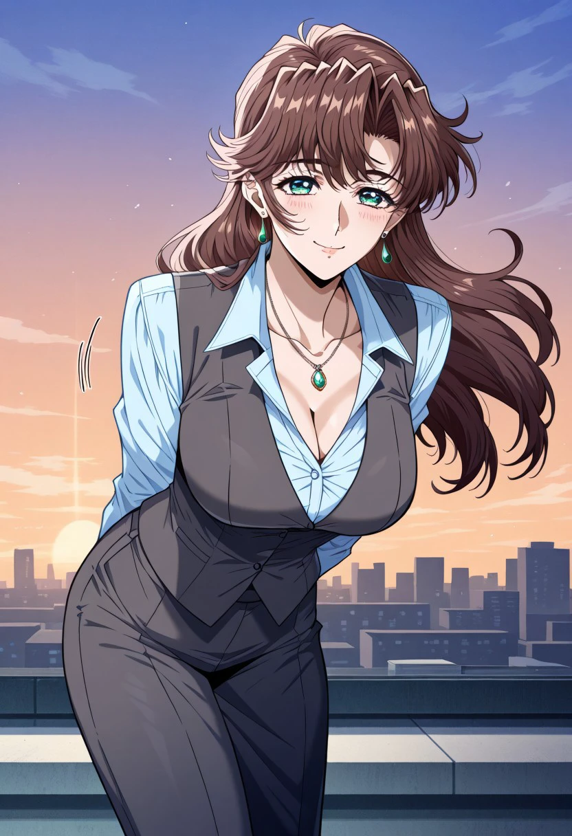 masterpiece, best quality, newest, highres, uncensored, 1girl, yokota mamoru style,1girl, slender face，motion lines,blush
Zeroshiki Makoto,Brown Hair, Long Hair, Parted in Middle,Teal Eyes,Pendant Earrings, Pendant Necklace
 cleavage, office lady, long sleeves, shirt, vest, rooftop, sunset, cityscape, quiet moment, wind blowing, contemplative, , looking at viewer, hands behind back, bent over, smile, solo,, cowboy shot, dutch angle