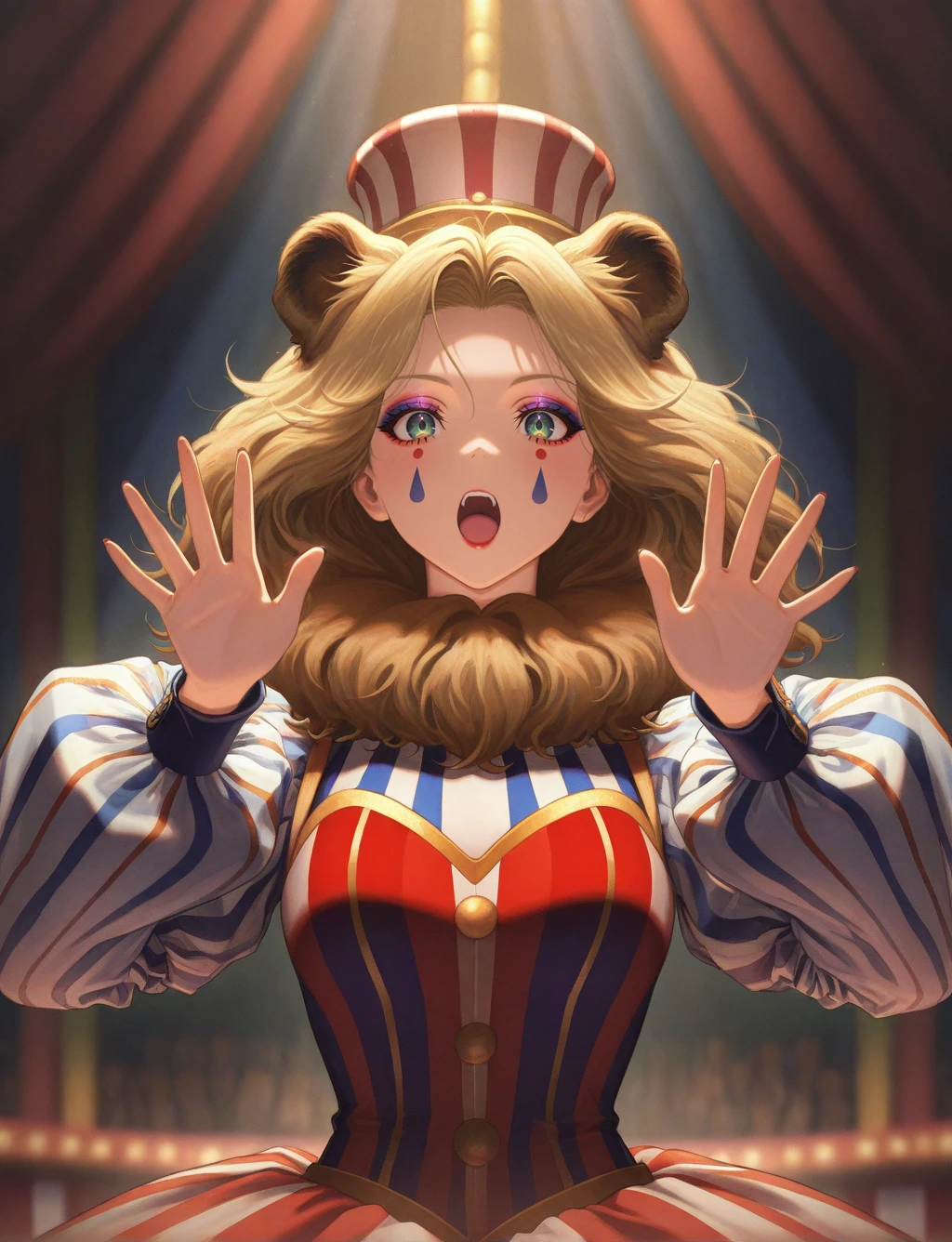 masterpiece,best quality,higres illustration,detailed face,1girl,<lora:IL_circus:1>,circus,solo,upper body,makeup,dress,puffy sleeves,hands up,lion,