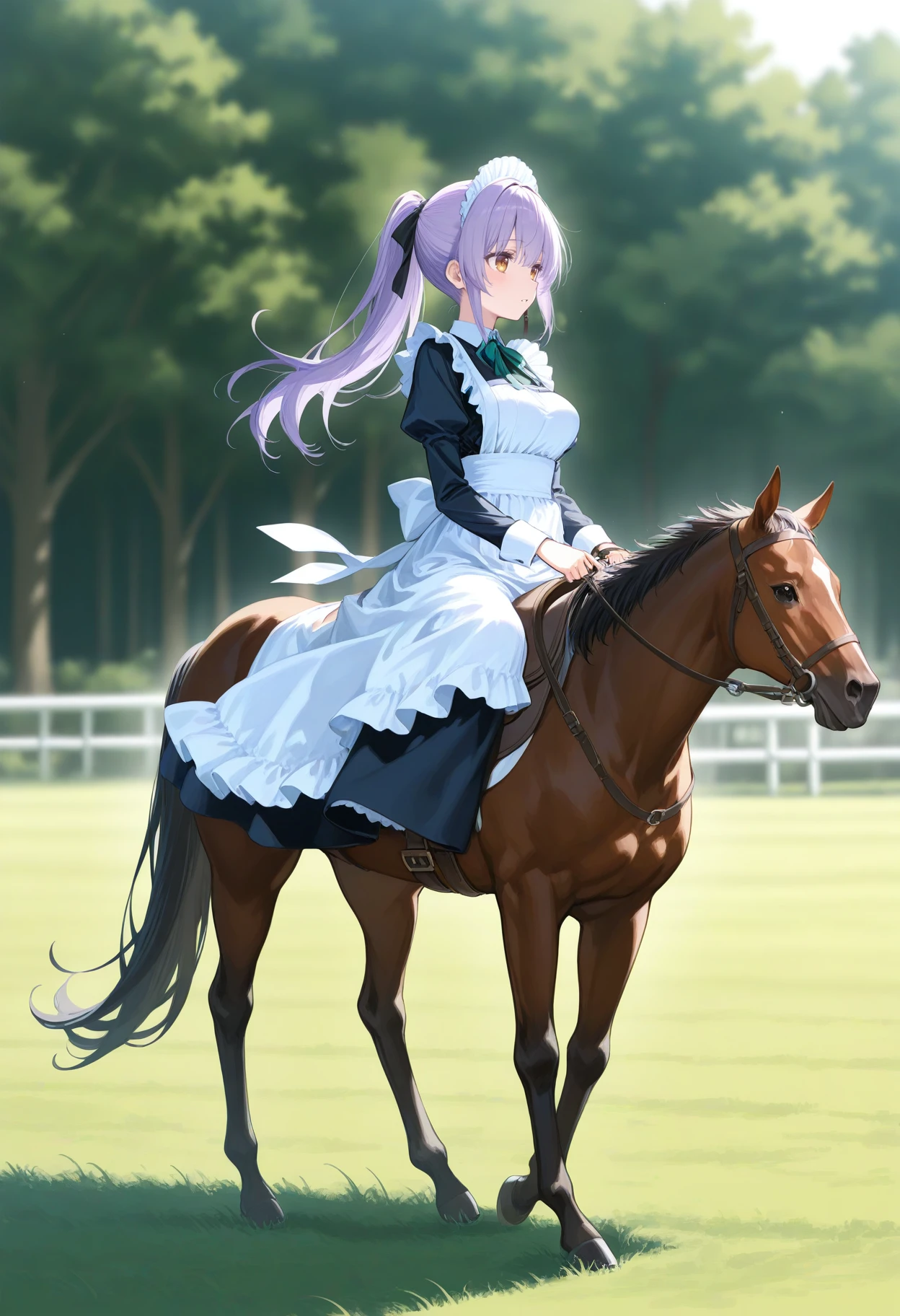 1girl,(sho \(sho lwlw\):0.7),(toosaka asagi:0.5),(sincos:0.3),solo,
masterpiece, best quality, newest, absurdres, CG, anime, source anime, illustration,
maid, maid headdress,medium breasts,
do deuce, 1boy, horse, riding, grass, outdoors, day, saddle, reins,  <lora:dodeuce_Illust_v1:0.8>
from side, full body, looking away, purple hair, brown eyes,sad, parted lips, ponytail hair,