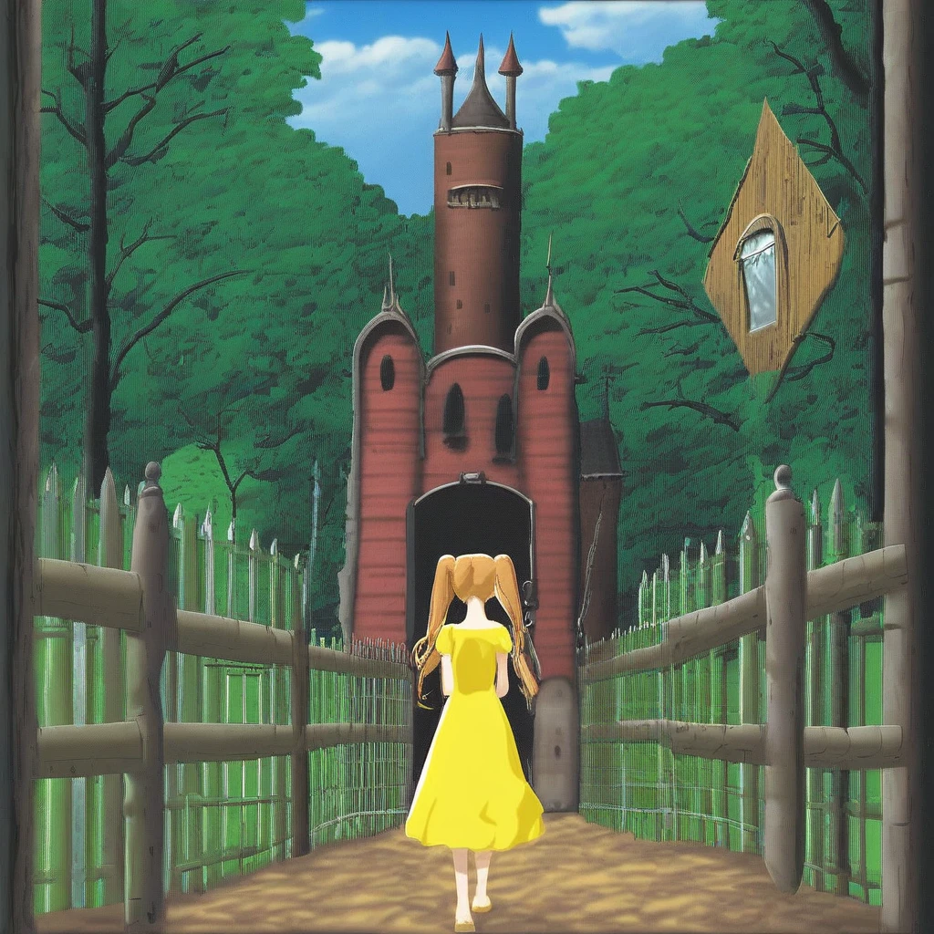 bed, door, multiple girls, fence, riding, silk, forest, twintails, yellow dress, castle, sky, horse, overgrown