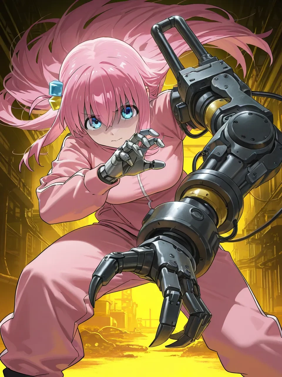 masterpiece, amazing quality, best quality, very aesthetic, newest, absurdres, official art,
gotoh hitori, 1girl, solo, claw, grabber, fighting stance, looking at viewer, 
single mechanical arm, cyborg, cyberpunk, 
Industrial robot arm
<lora:Industrialra:0.8>