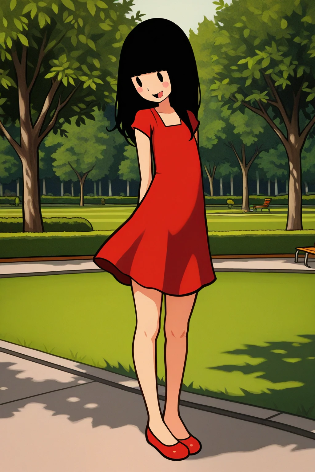 masterpiece, best quality, amazing quality, absurdres, solo, rhythmfevergirl, smile, standing, open mouth, black hair, red dress, dot eyes, blush stickers, red shoes, outdoors, park, trees, grass