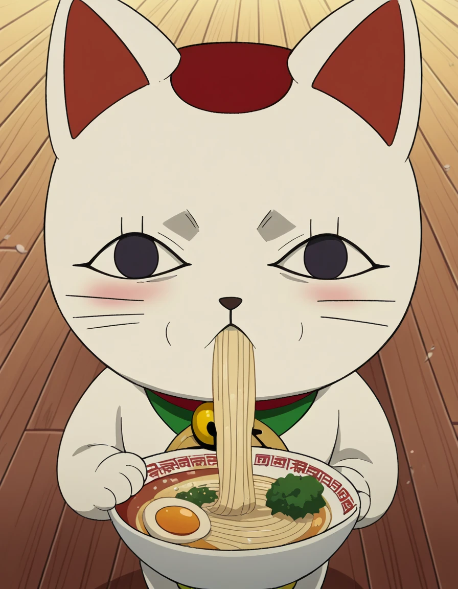 score_9, score_8_up, score_7_up, source_anime, <lora:turbo-granny-s1-ponyxl-lora-nochekaiser:1>, turbo granny, animal ears, cat ears, black eyes, no humans, cat, furry, animal focus, white fur, whiskers, maneki-neko, anime screencap,, collar, bell, neck bell, coin,, dirt road, rural, path, dust, nature, , <lora:ai-drawing-anime-characters-eating-ramen-ponyxl-lora-nochekaiser:1> ai drawing anime characters eating ramen, ai drawing anime characters eating ramen (meme), ramen, noodles, meme, bowl, eating, restaurant, blush, cowboy shot,, looking at viewer, solo,, dutch angle, cowboy shot