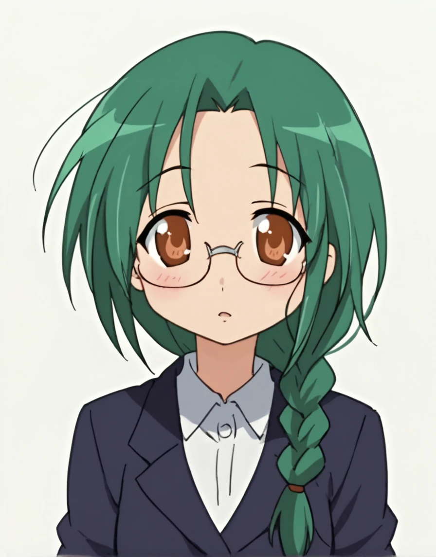 score_9, score_8_up, score_7_up, score_6_up, score_5_up, score_4_up, BREAK source_anime, ((anime screencap)),       <lora:Luckystarst-10:1> 1girl, solo, glasses, braid, green hair, brown eyes, long hair, simple background, white background, blush, upper body, single braid, formal