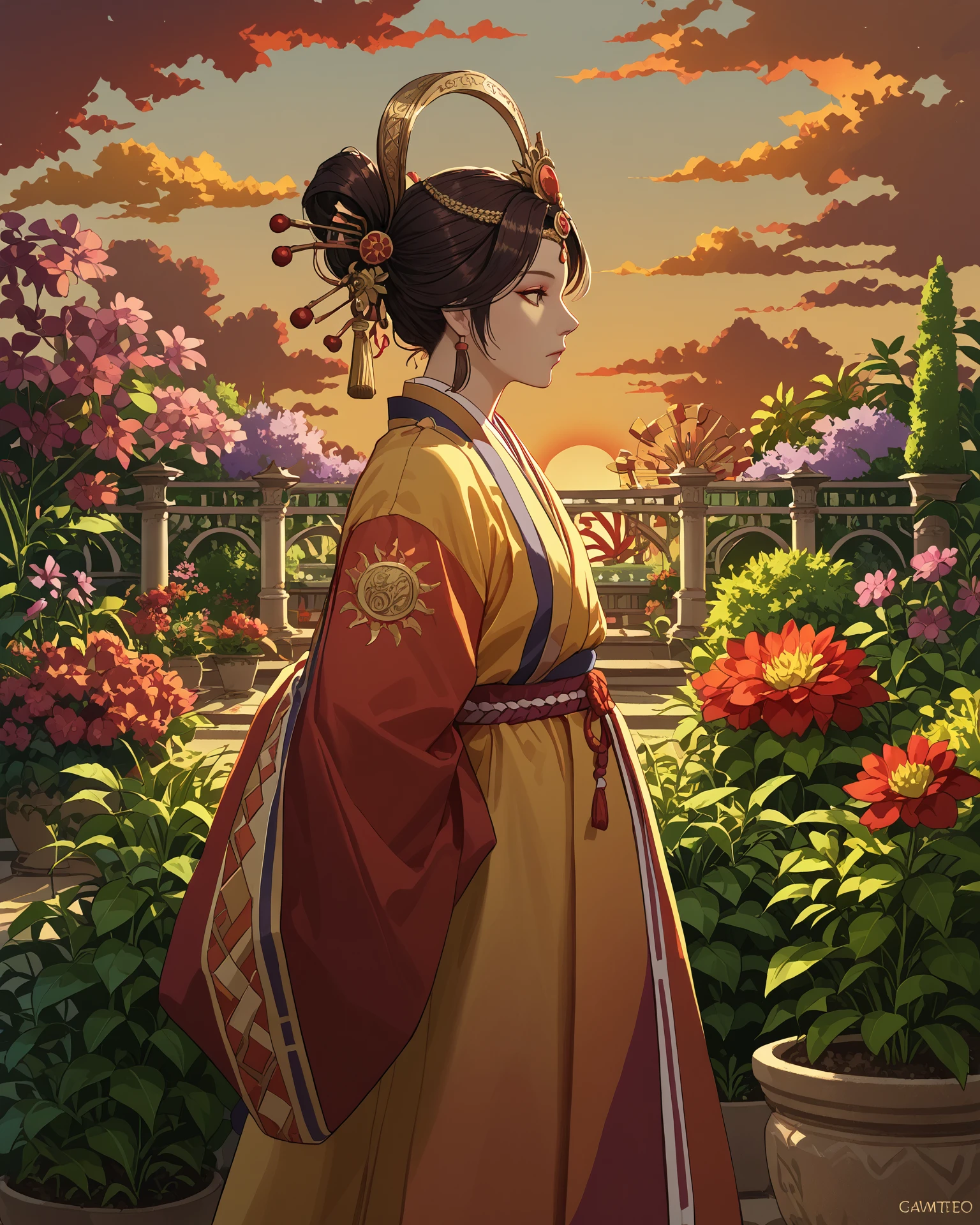 1girl, amateco, profile, garden, sunset, hands behind back, ornate, masterpiece, highest quality, absurdres, digital art, score_9, score_8_up, score_7_up, <lora:AmaterasuCore_XL-000011:1.1>,