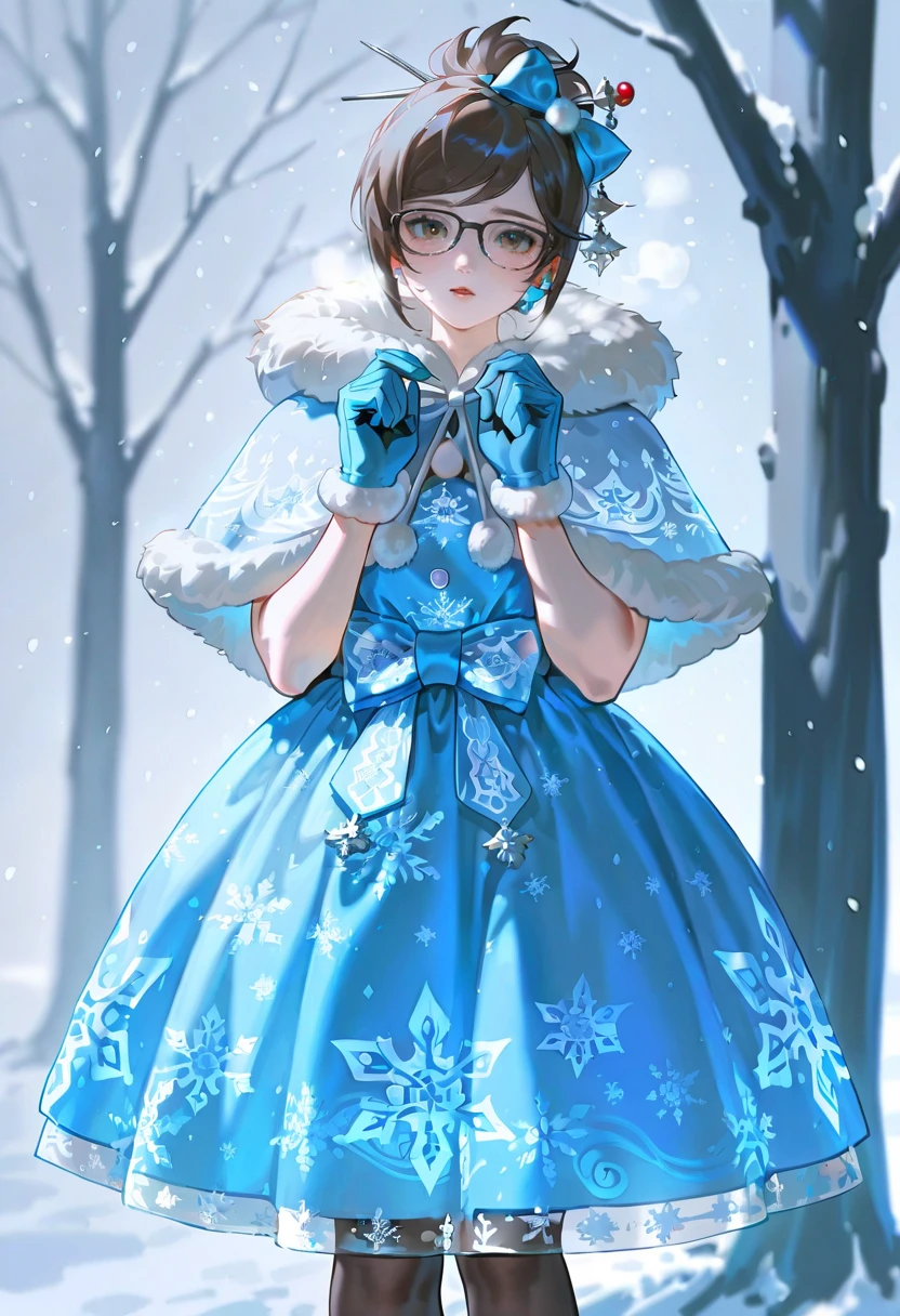 blue smc dress, bow, fur-trimmed capelet,snowflake print,snowing,1girl,solo,konya_karasue,looking at viewer,mei (overwatch)