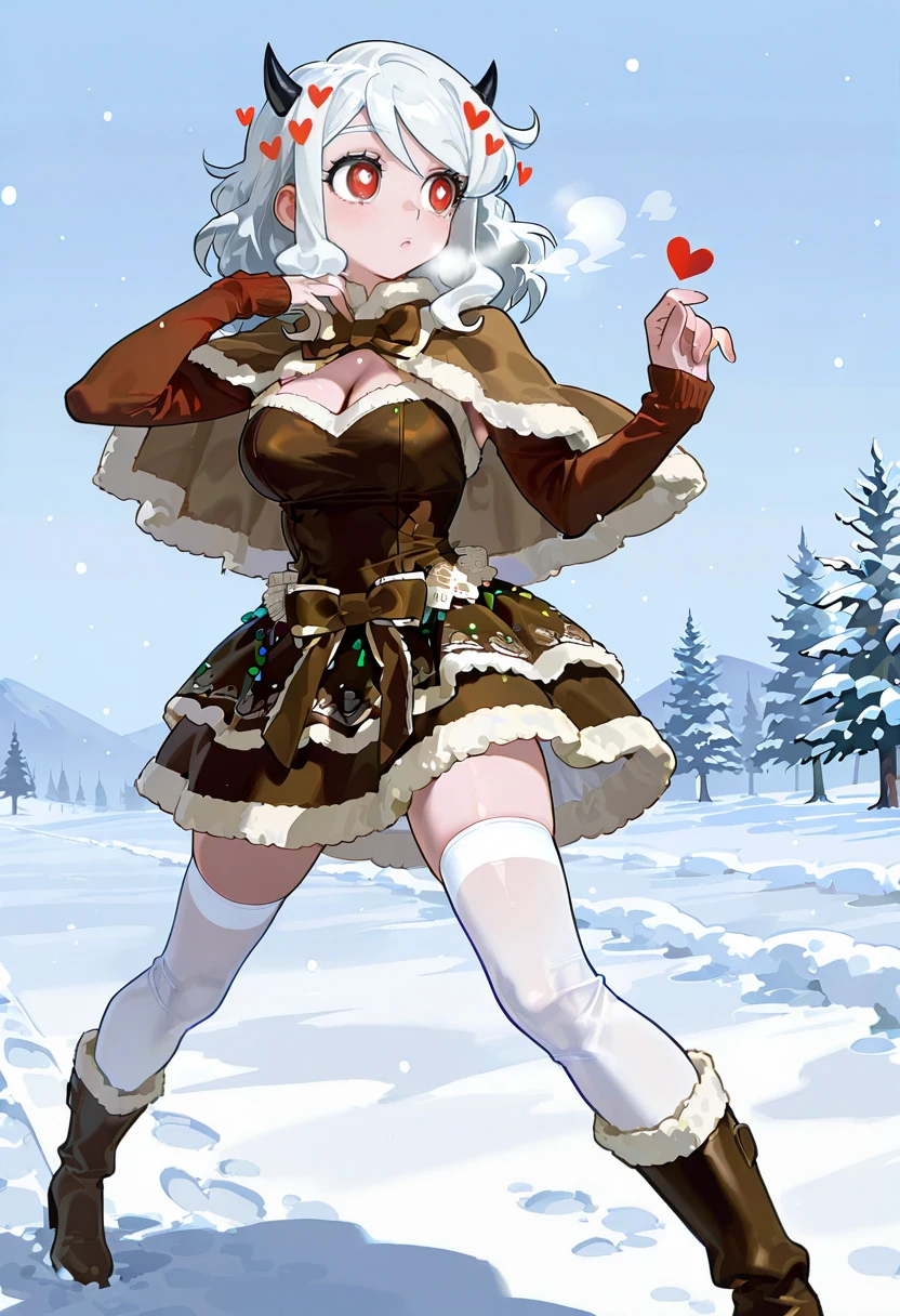 winter spice dress,brown capelet,1girl,solo,snow,snowing,modeus_(helltaker), boots, heart, white thighhighs,