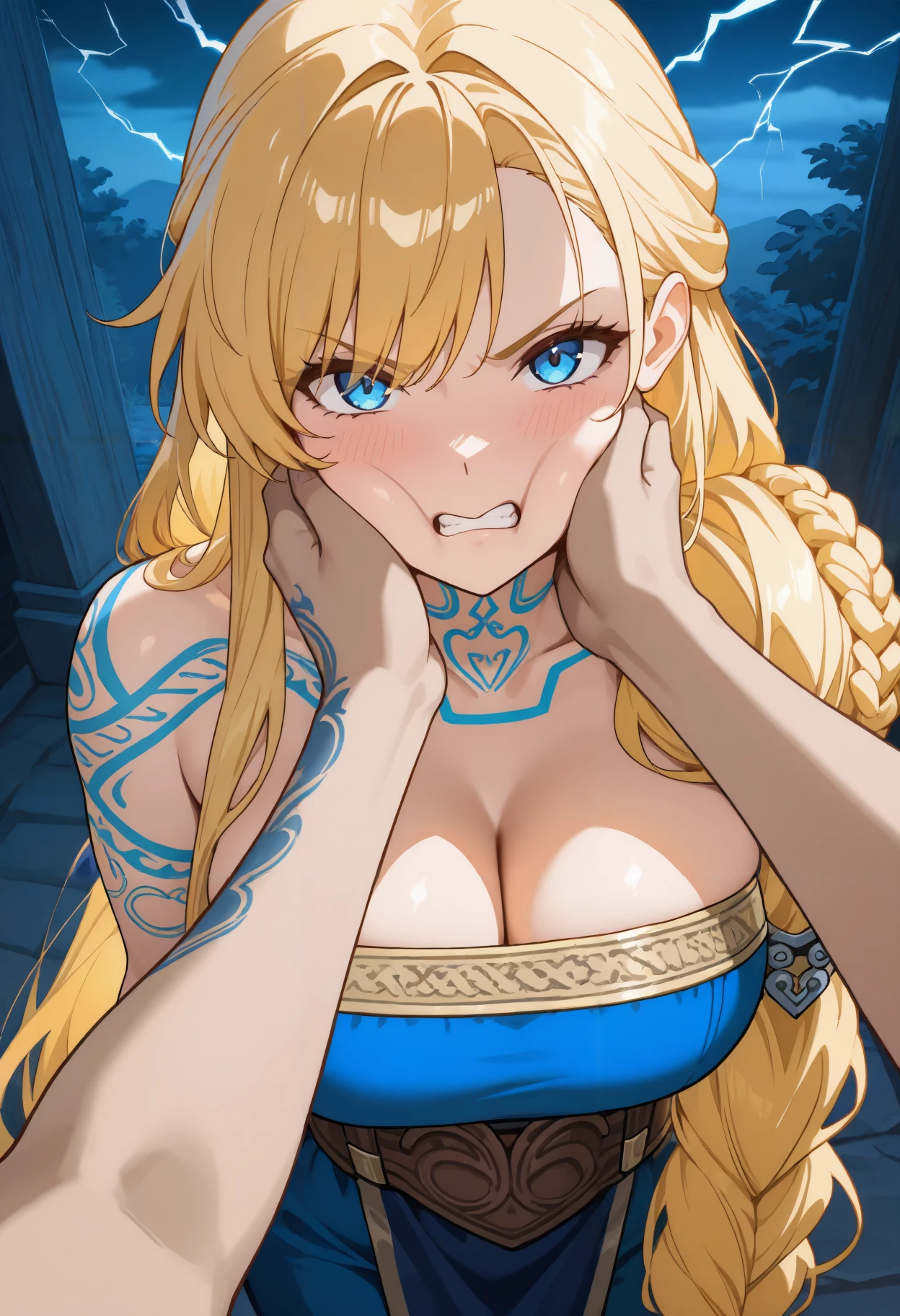 masterpiece, best quality, newest, absurdres, highres, thunder, dark, outdoors, night, 1girl, solo, gow_sif, blue eyes, single braid, very long hair, blonde hair, hair over shoulder, arm tattoo, neck tattoo, hair ornament, bare shoulders, strapless, collarbone, blue dress, long dress, gold trim, belt around waist, brown belt, looking at viewer, cheek squash, pov hands, blush, angry, clenched teeth  <lora:gow_sif_Illustrious-000007:1>