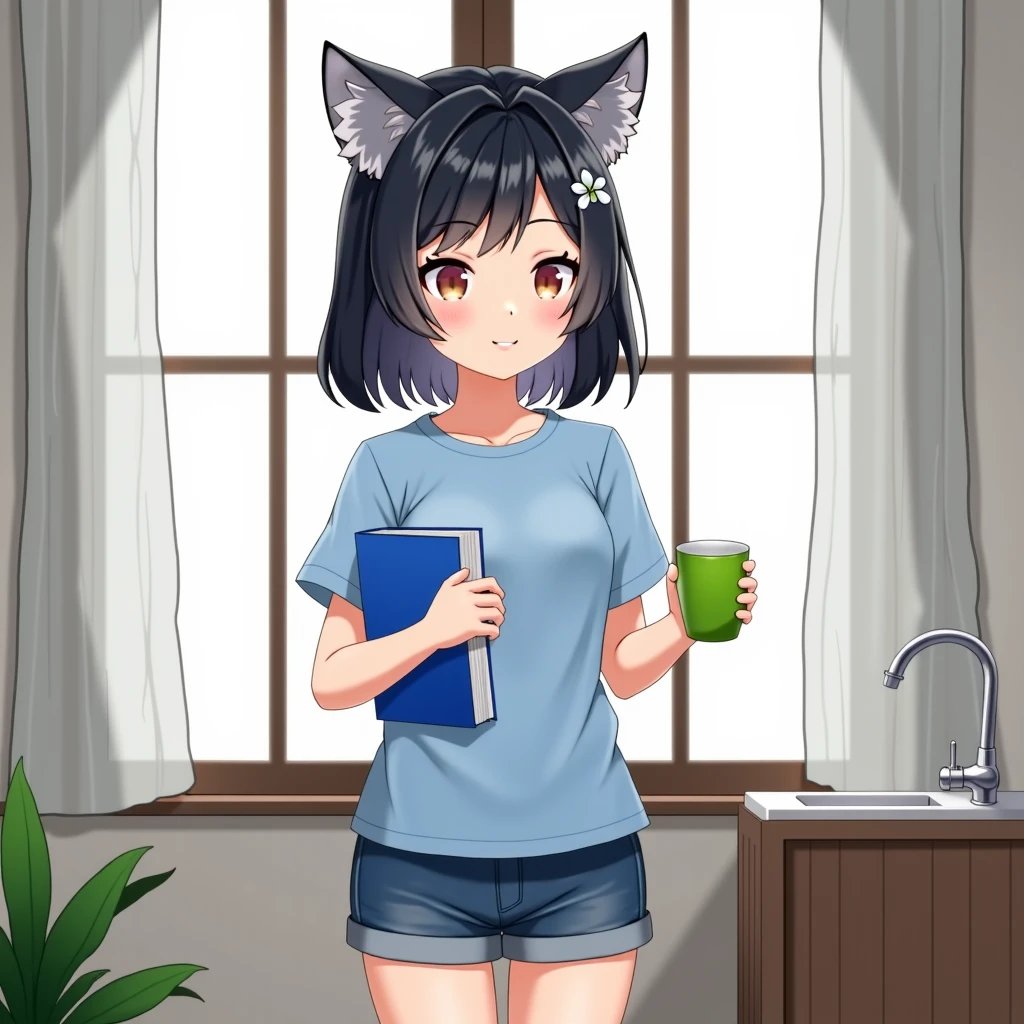 Anime, LilyLinglan. full body,
, 2K, 3K, upscale image,In the image, a young woman with black hair is the central figure. She is wearing a blue shirt and blue shorts, and her hair is adorned with cat ears. In her right hand, she holds a green cup, and in her left hand, she holds a blue book. She stands in front of a window, which is dressed with white curtains. To her left, there is a plant, and to her right, there is a sink. The woman appears to be in a relaxed posture, possibly enjoying a quiet moment indoors.