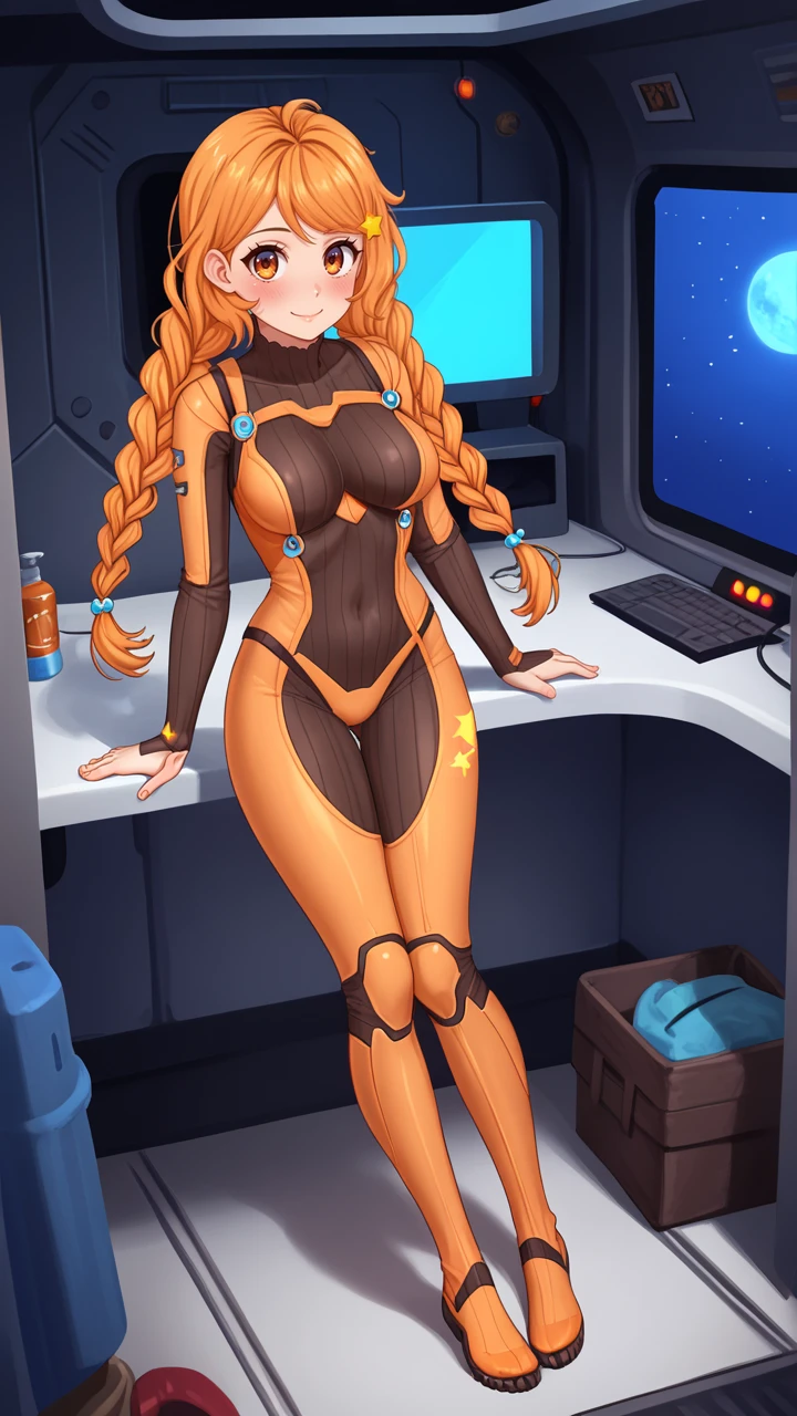 score_9, score_8_up, score_7_up, full_body, medium_breasts, perfect_body,
1girl, 18_years_old, breasts, twin_braids, long_hair, braid, star_\(symbol\), orange_hair, blush, shy, simple_sincere_smile, hair_ornament, looking_at_viewer, orange_eyes, twintails, star_hair_ornament, brown_eyes, 
 full_body_suit, glowing_neon_lines_on_suit, futuristic_suit, interior_of_a_fantastic_spaceship,
<lora:lgg_olya_SEv1.0:0.75> lgg_olya person