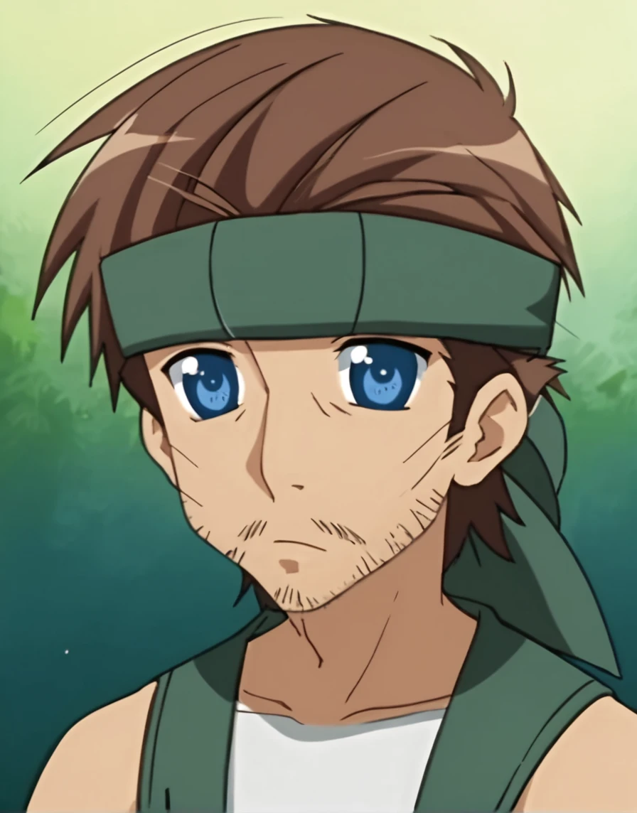 score_9, score_8_up, score_7_up, score_6_up, score_5_up, score_4_up, BREAK source_anime, ((anime screencap)),       <lora:Luckystarst-10:1> 1boy, facial hair, blue eyes, male focus, brown hair, headband, solo, beard, bandana, mustache