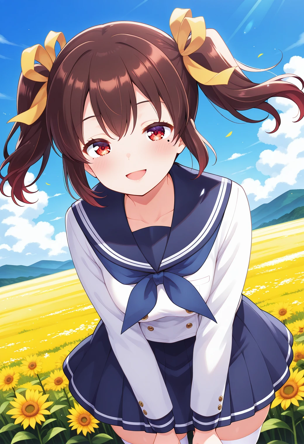 1girl, cowboy shot, field, smile, open mouth, 
haruhisuzumiya, brown eyes, brown hair, medium hair, hair ribbon, hairband, kita high , serafuku, sailor collar, white shirt, long_sleeves, no_pants,no_panties,bottomless,pussy,best quality, masterpiece, highres, 