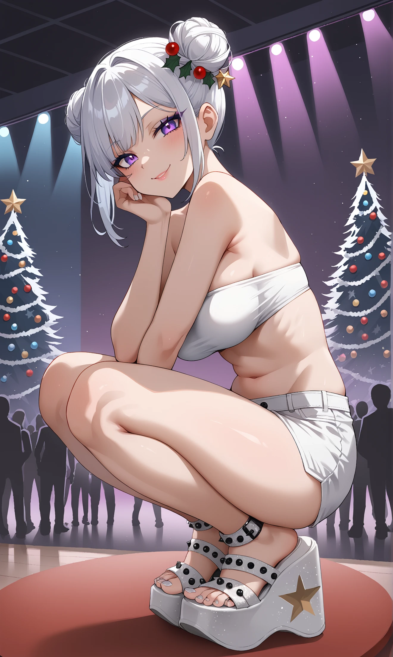 score_9, score_8_up, score_7_up, score_6_up, source_anime,
from side,
1girl, 
feet, toes, perfect feet, detailed feet, white toenail polish,
(dyn4mite sandals), (platform footwear:1.2), white footwear, sparkly footwear,
smug, seductive, looking at viewer, flirting, finger on lips,
squatting, 
white bandeau top,
silver microshorts, (lowleg:1.2), groin, mound of venus,
large breasts,
skinny, petite, 
white hair, double bun, christmas themed hair ornaments,
white makeup, white eyeshadow,
pale skin,
rave, crowded room, faceless crowd, indoors, dark theme, purple theme, blacklights, laser lights, 
christmas theme, christmas tree,